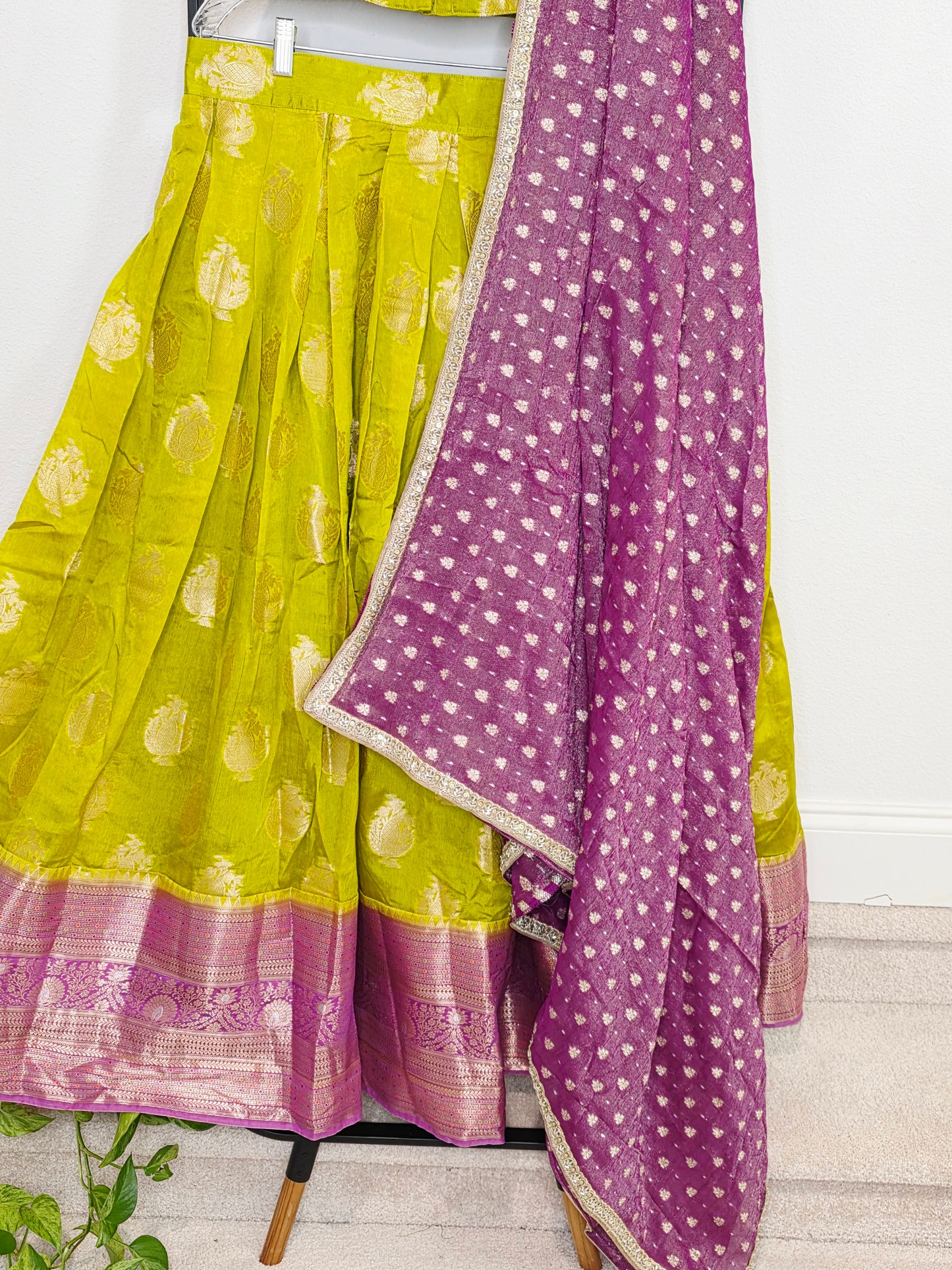 Royal Green Mango Green & Rani Purple Benarasi Half Saree Lehenga Set with Zari Dupatta