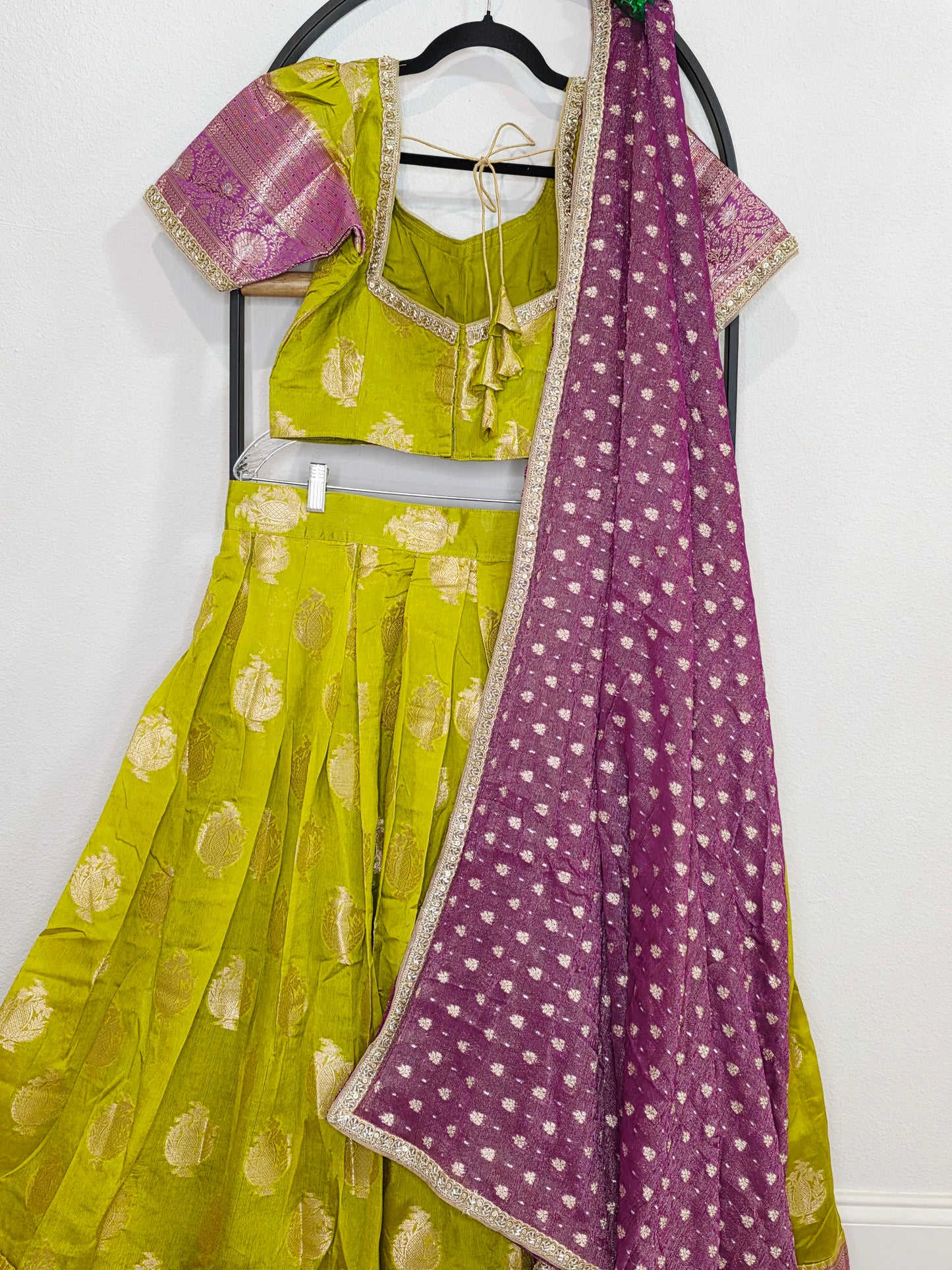 Royal Green Mango Green & Rani Purple Benarasi Half Saree Lehenga Set with Zari Dupatta