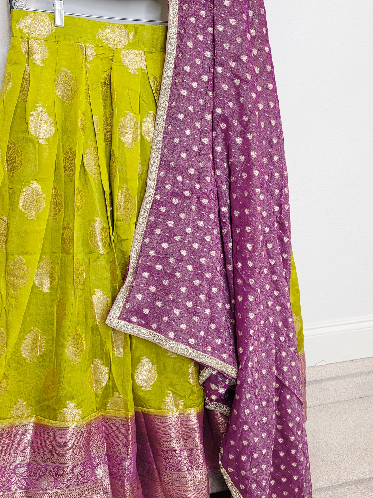 Royal Green Mango Green & Rani Purple Benarasi Half Saree Lehenga Set with Zari Dupatta