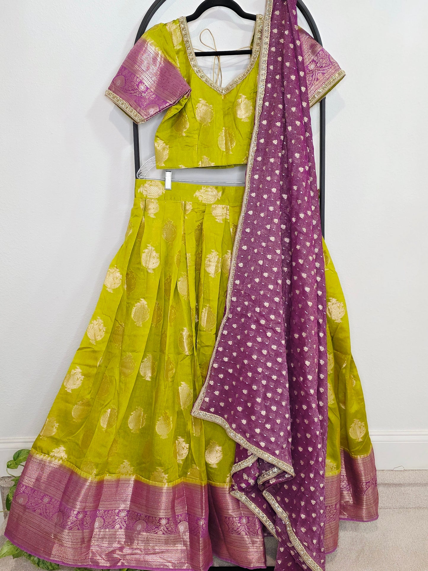 Royal Green Mango Green & Rani Purple Benarasi Half Saree Lehenga Set with Zari Dupatta