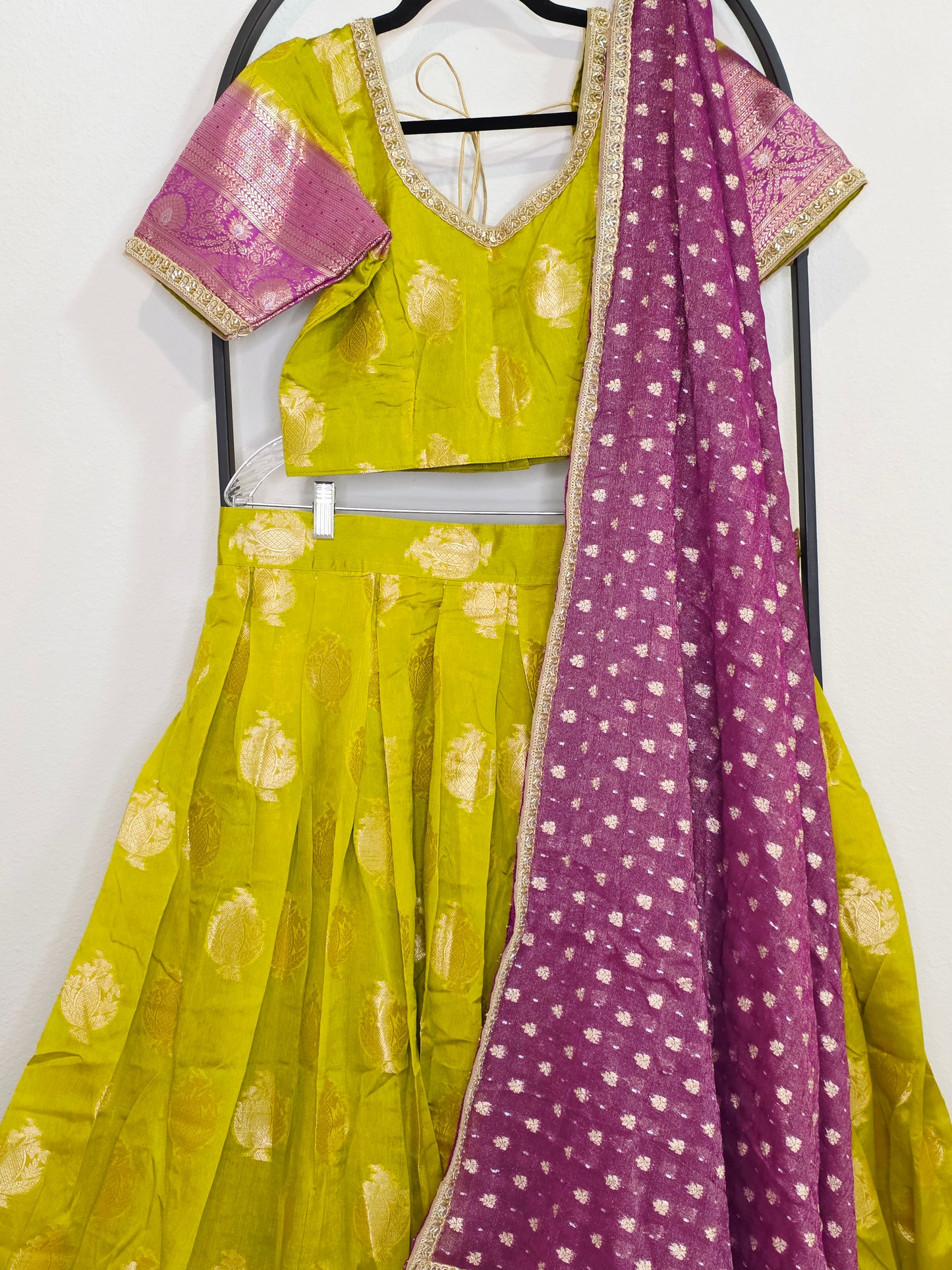 Royal Green Mango Green & Rani Purple Benarasi Half Saree Lehenga Set with Zari Dupatta