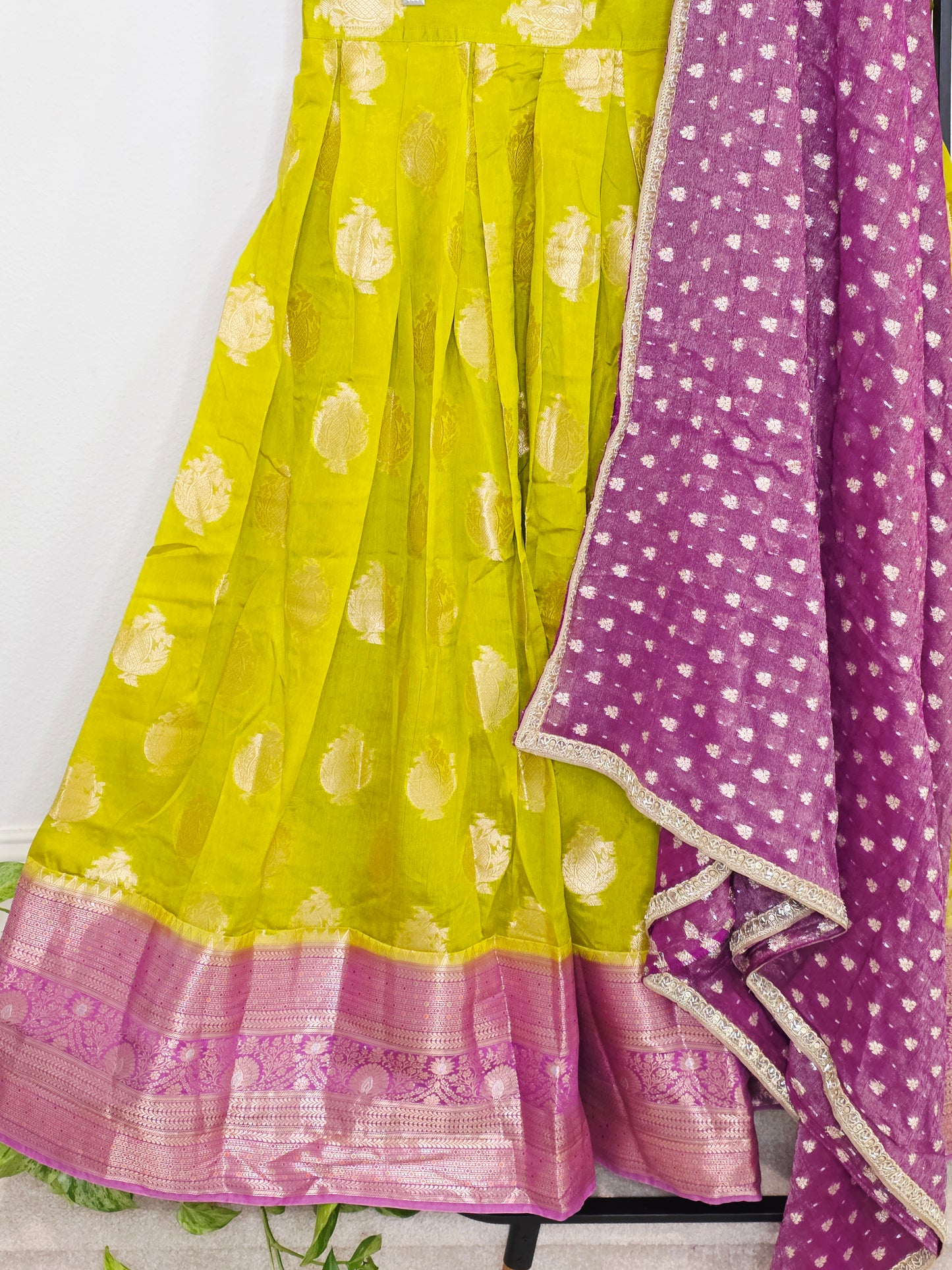 Royal Green Mango Green & Rani Purple Benarasi Half Saree Lehenga Set with Zari Dupatta