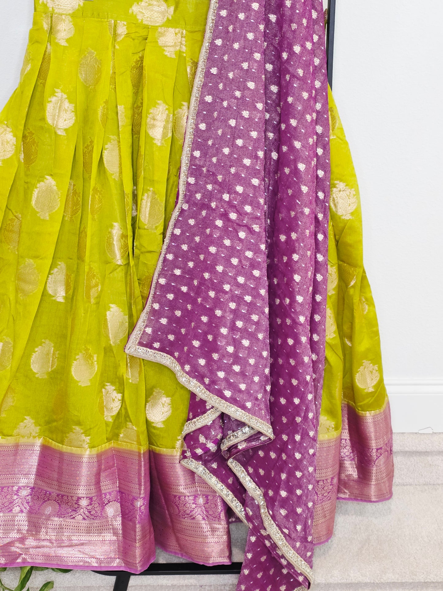 Royal Green Mango Green & Rani Purple Benarasi Half Saree Lehenga Set with Zari Dupatta