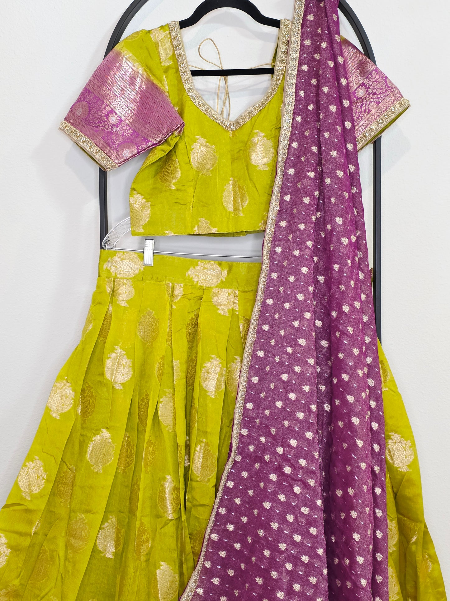 Royal Green Mango Green & Rani Purple Benarasi Half Saree Lehenga Set with Zari Dupatta