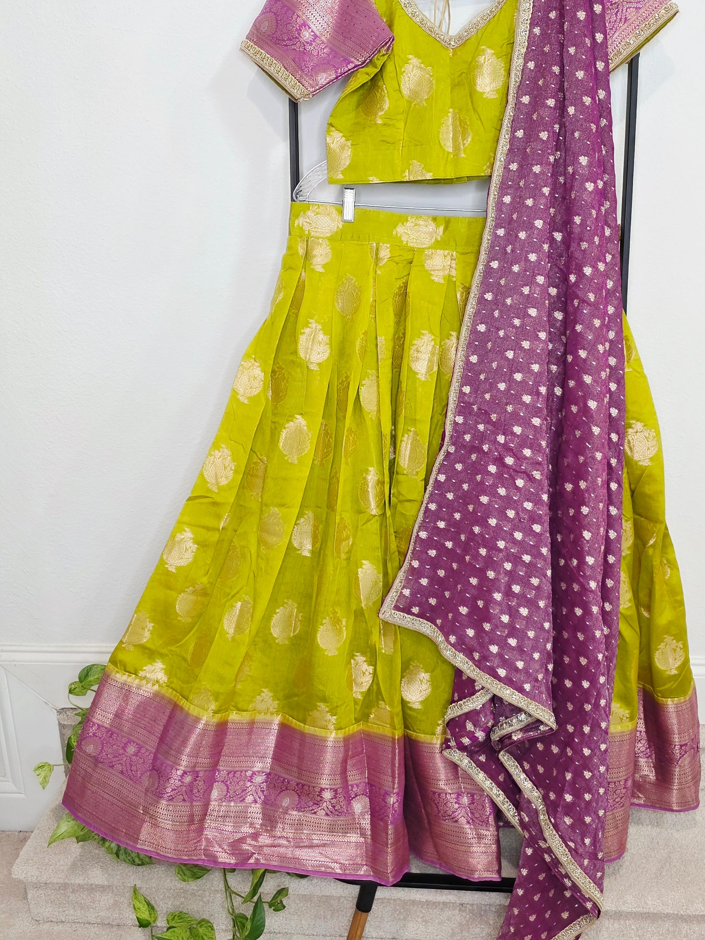 Royal Green Mango Green & Rani Purple Benarasi Half Saree Lehenga Set with Zari Dupatta