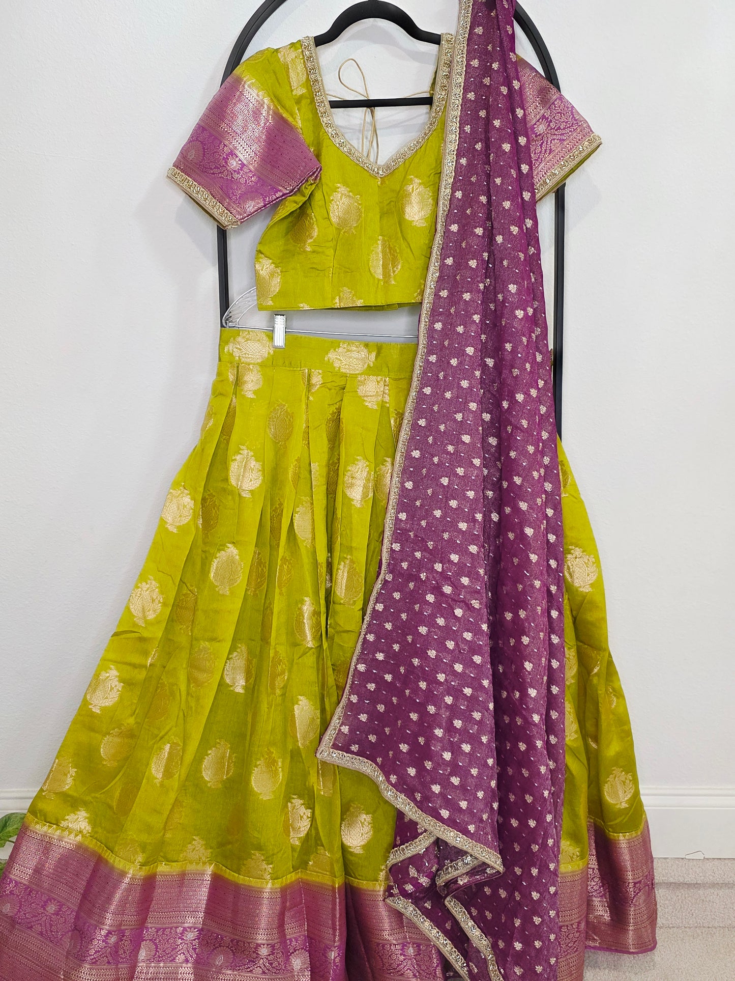 Royal Green Mango Green & Rani Purple Benarasi Half Saree Lehenga Set with Zari Dupatta