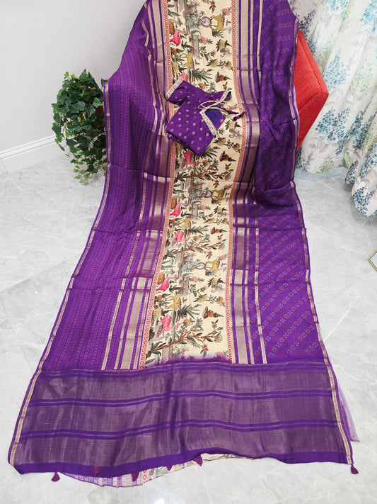 Imperial Royal Violet & Heritage Art Panel – Semi Mysore Crepe Silk Saree with Stitched Blouse