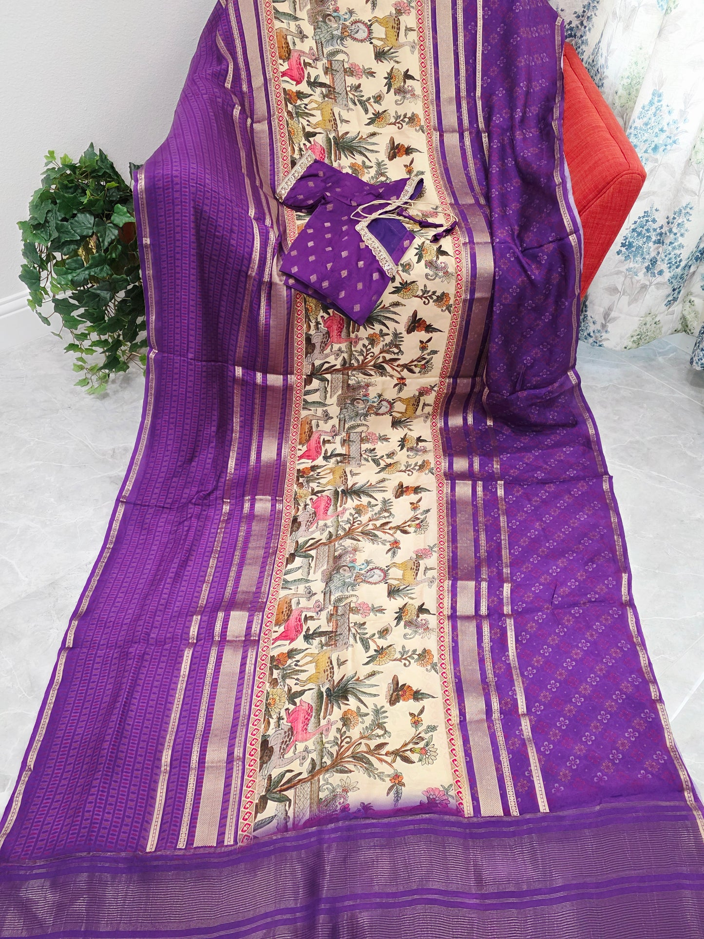 Imperial Royal Violet & Heritage Art Panel – Semi Mysore Crepe Silk Saree with Stitched Blouse