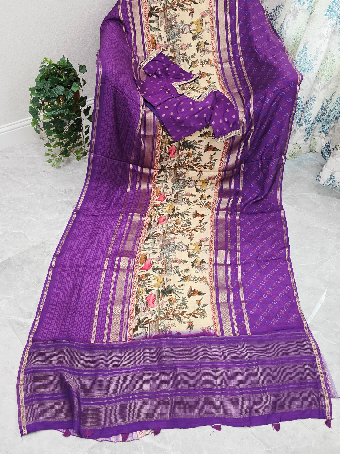 Imperial Royal Violet & Heritage Art Panel – Semi Mysore Crepe Silk Saree with Stitched Blouse