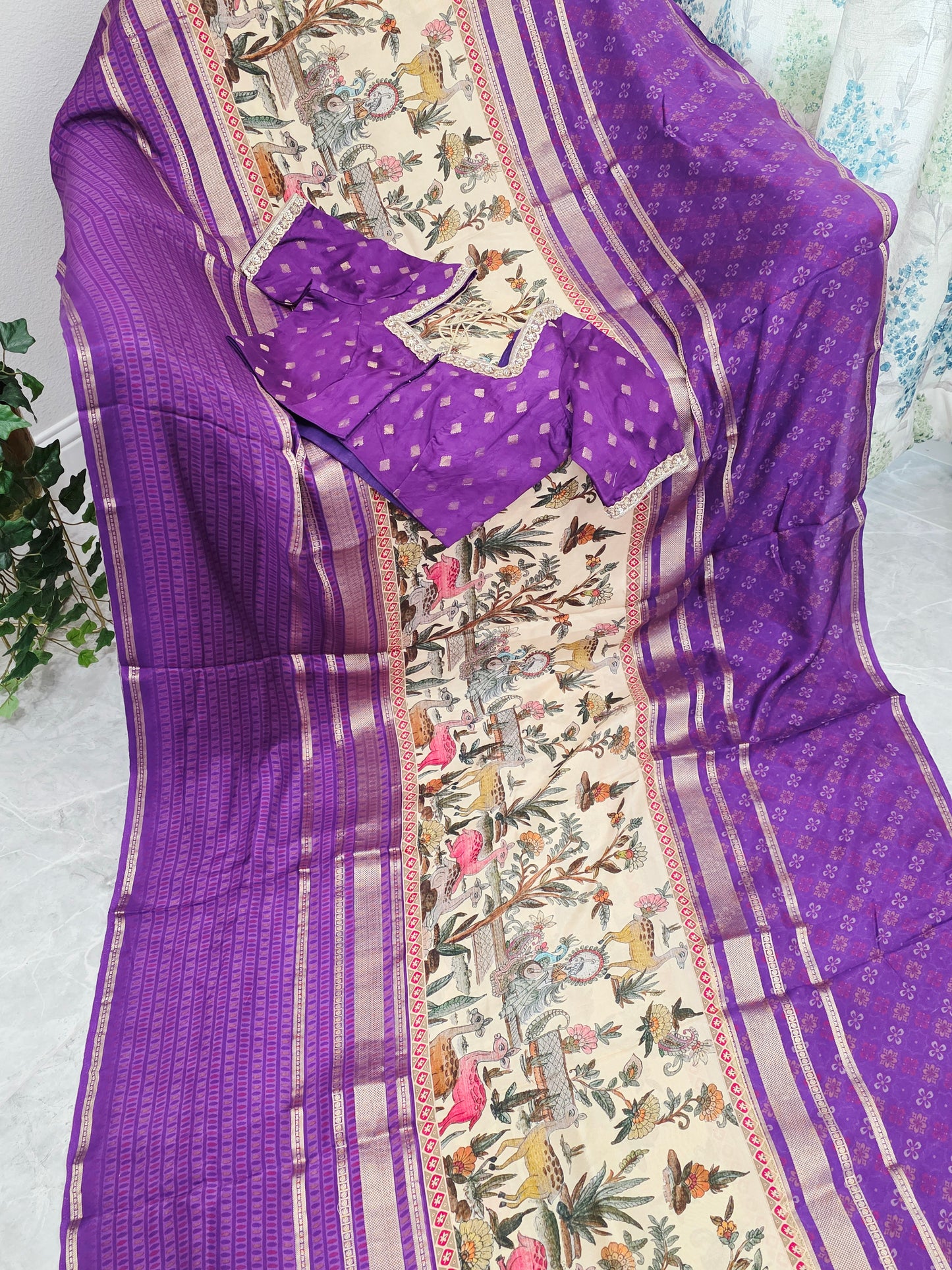 Imperial Royal Violet & Heritage Art Panel – Semi Mysore Crepe Silk Saree with Stitched Blouse
