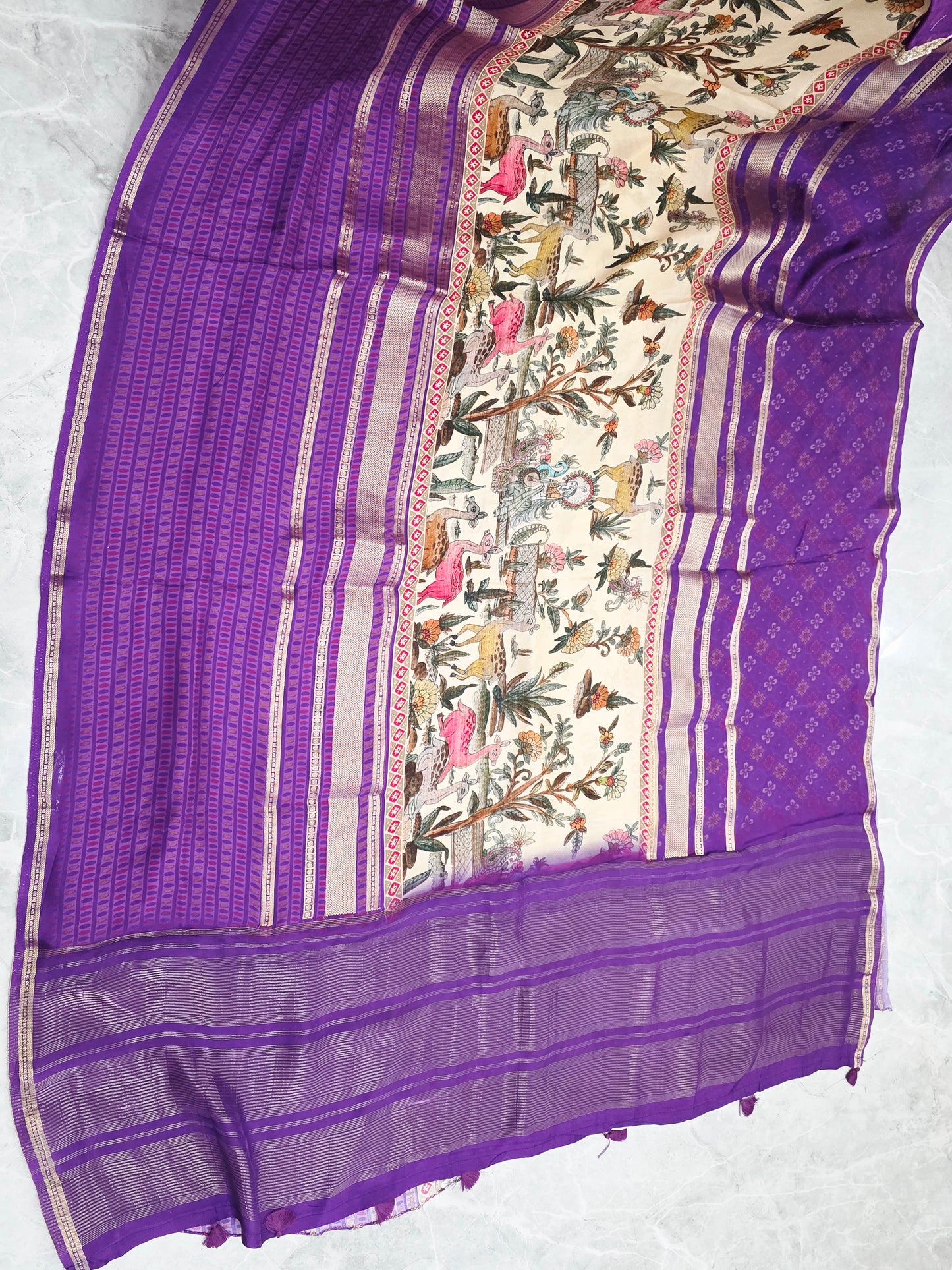 Imperial Royal Violet & Heritage Art Panel – Semi Mysore Crepe Silk Saree with Stitched Blouse