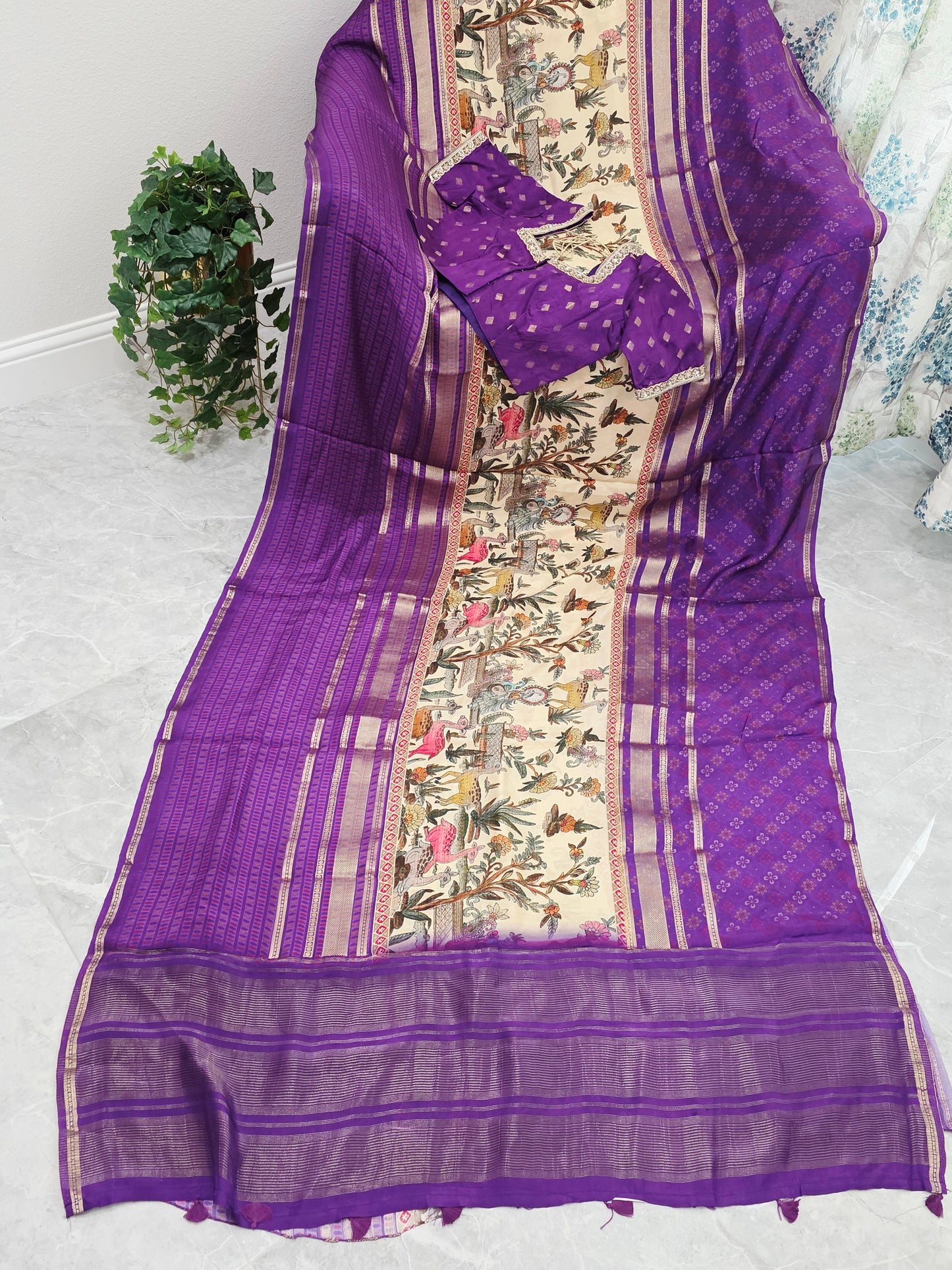 Imperial Royal Violet & Heritage Art Panel – Semi Mysore Crepe Silk Saree with Stitched Blouse