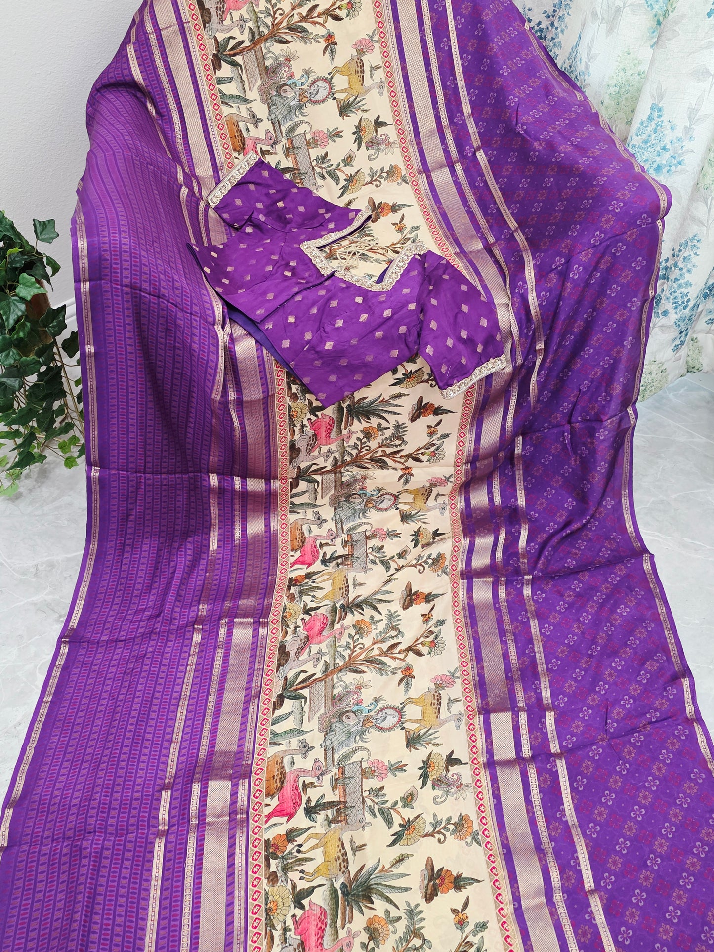 Imperial Royal Violet & Heritage Art Panel – Semi Mysore Crepe Silk Saree with Stitched Blouse