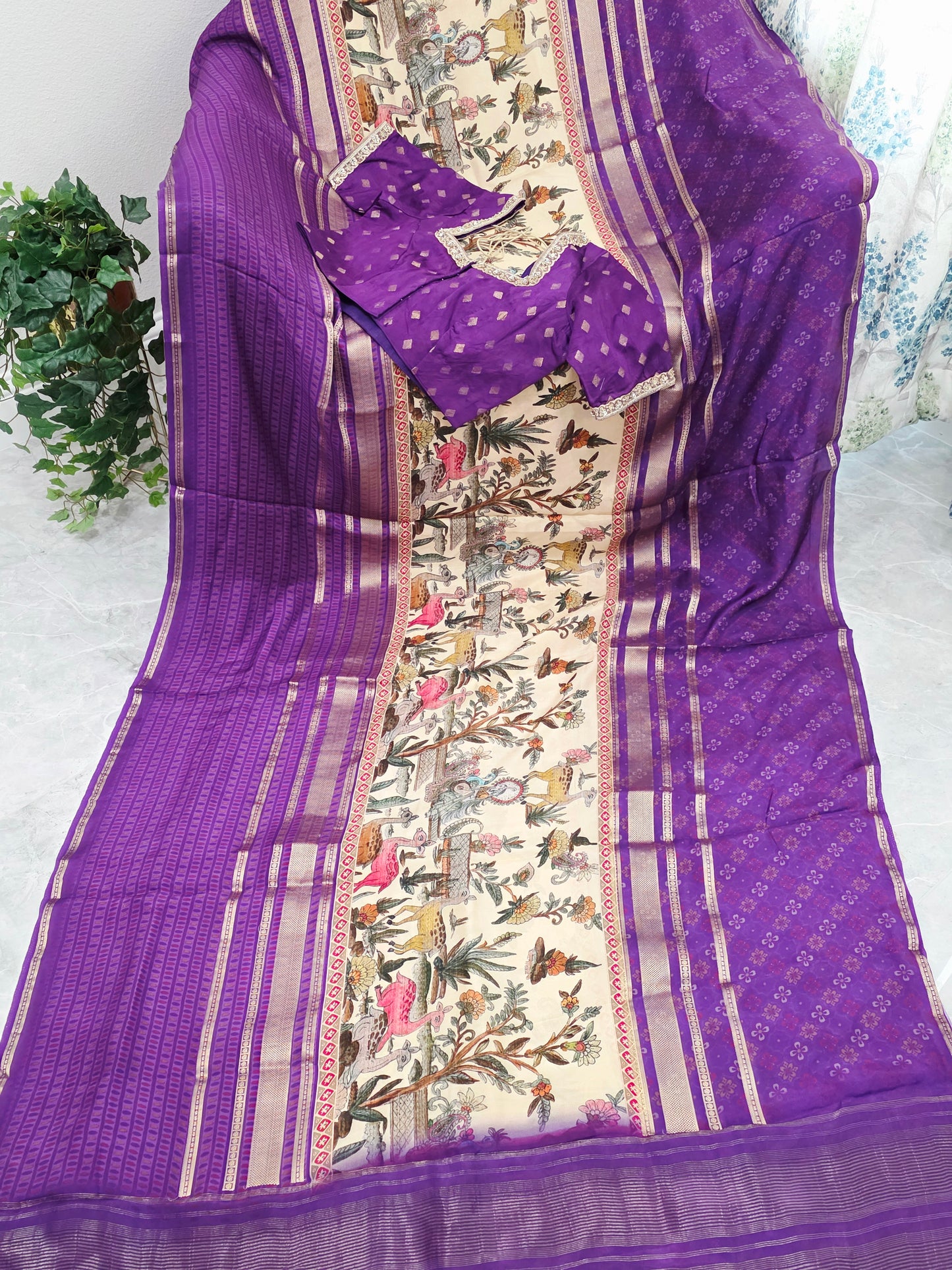 Imperial Royal Violet & Heritage Art Panel – Semi Mysore Crepe Silk Saree with Stitched Blouse