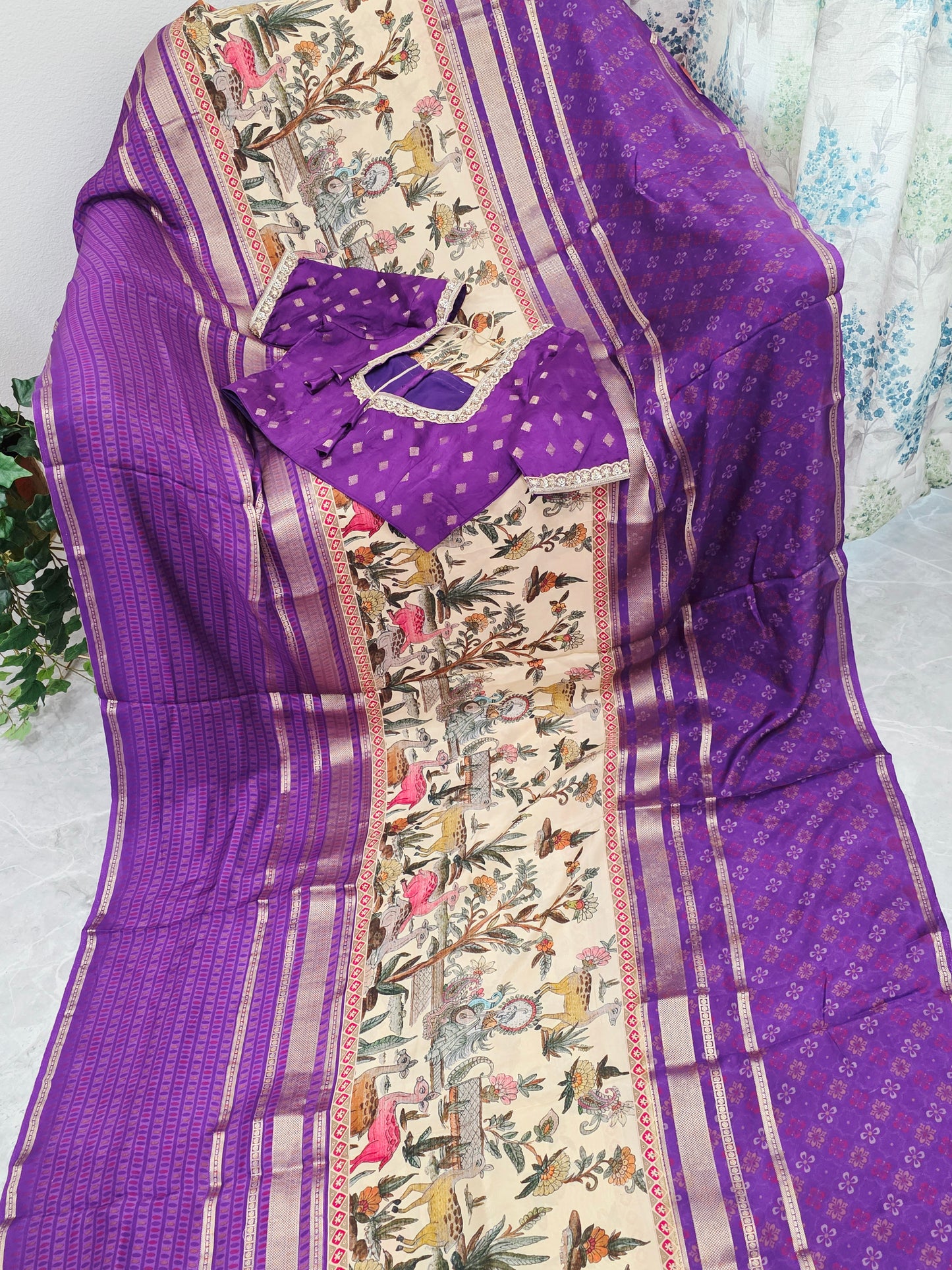 Imperial Royal Violet & Heritage Art Panel – Semi Mysore Crepe Silk Saree with Stitched Blouse