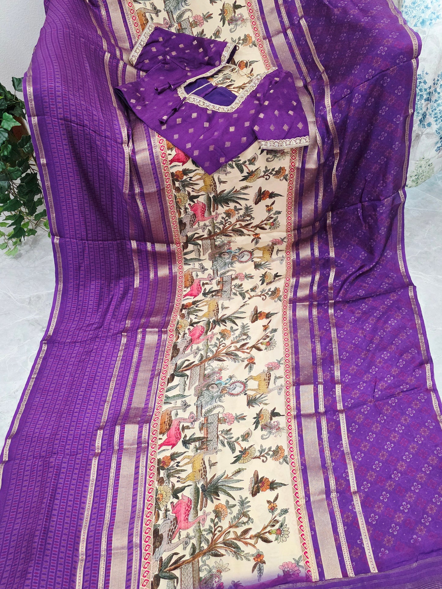 Imperial Royal Violet & Heritage Art Panel – Semi Mysore Crepe Silk Saree with Stitched Blouse
