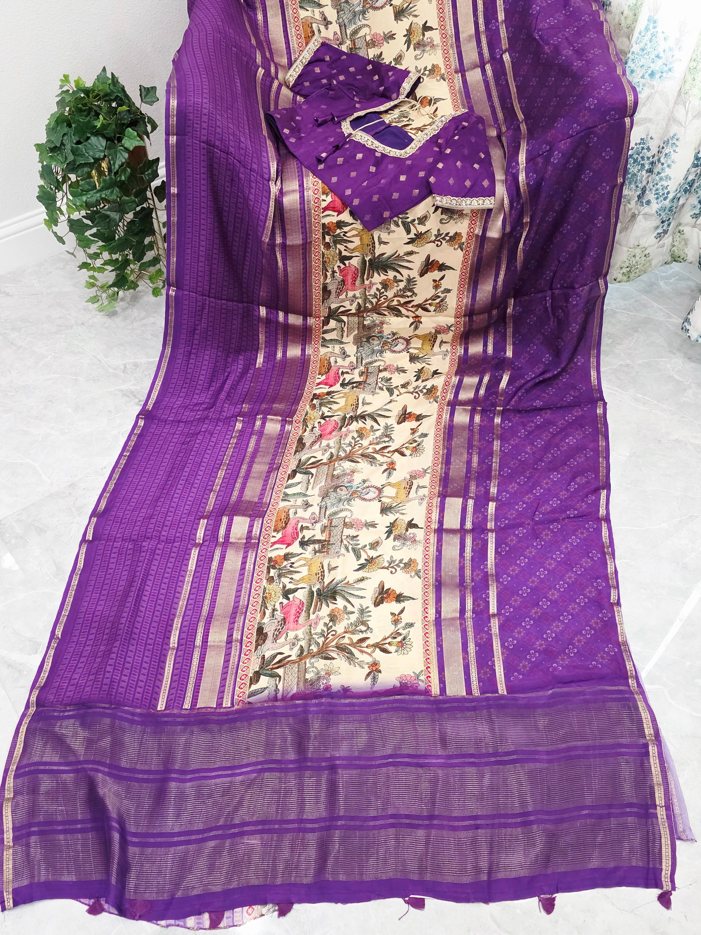 Imperial Royal Violet & Heritage Art Panel – Semi Mysore Crepe Silk Saree with Stitched Blouse
