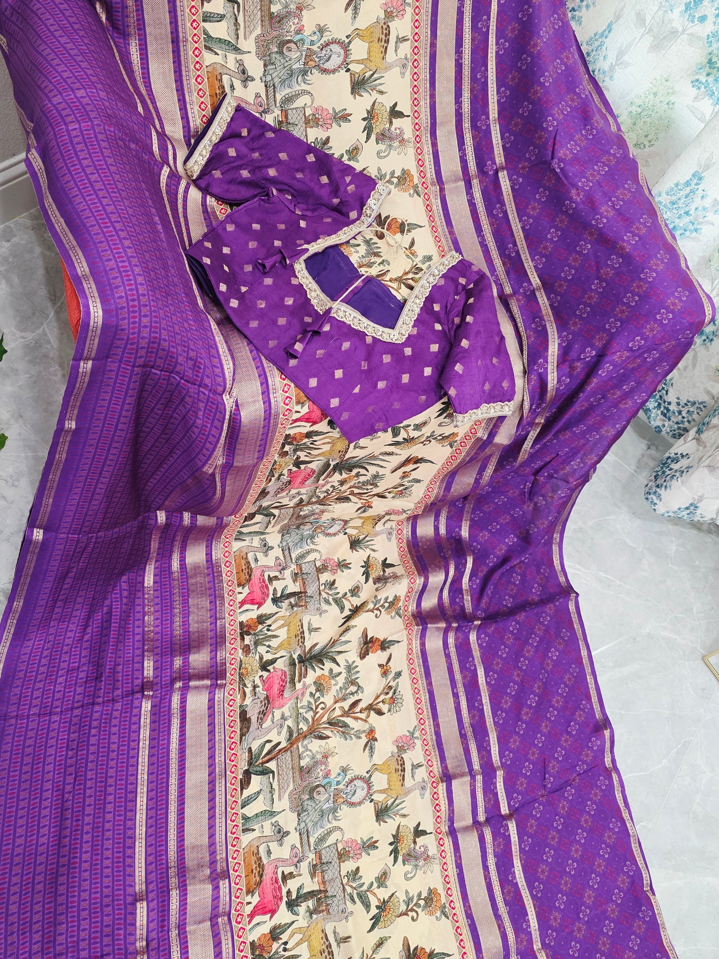 Imperial Royal Violet & Heritage Art Panel – Semi Mysore Crepe Silk Saree with Stitched Blouse