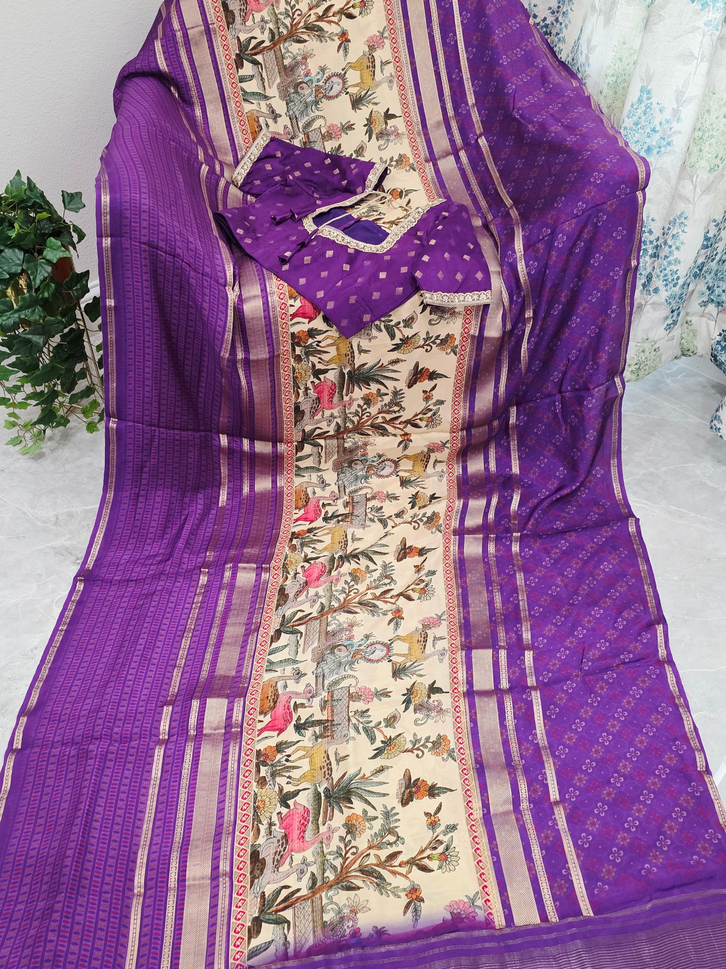 Imperial Royal Violet & Heritage Art Panel – Semi Mysore Crepe Silk Saree with Stitched Blouse