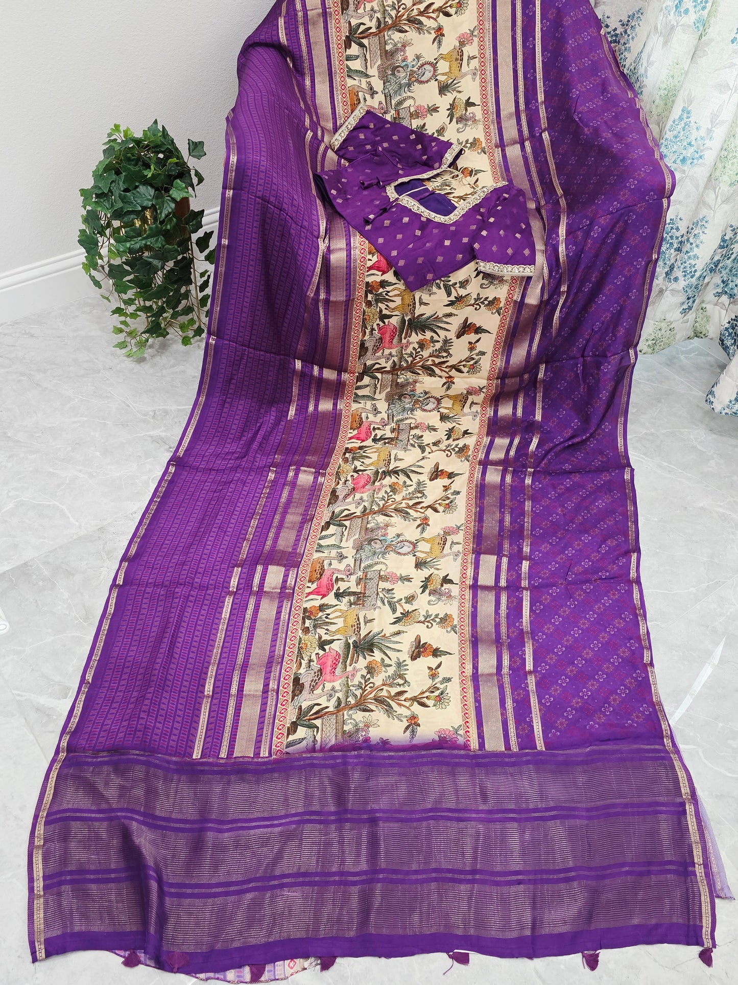 Imperial Royal Violet & Heritage Art Panel – Semi Mysore Crepe Silk Saree with Stitched Blouse