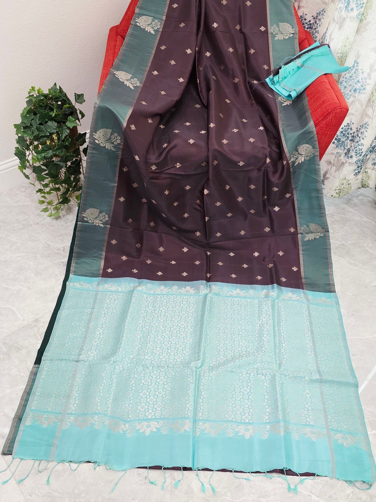 Espresso Cocoa Brown & Tiffany Aqua Peacock Zari Elegance – Semi Kanchi Fine Soft Silk Saree
