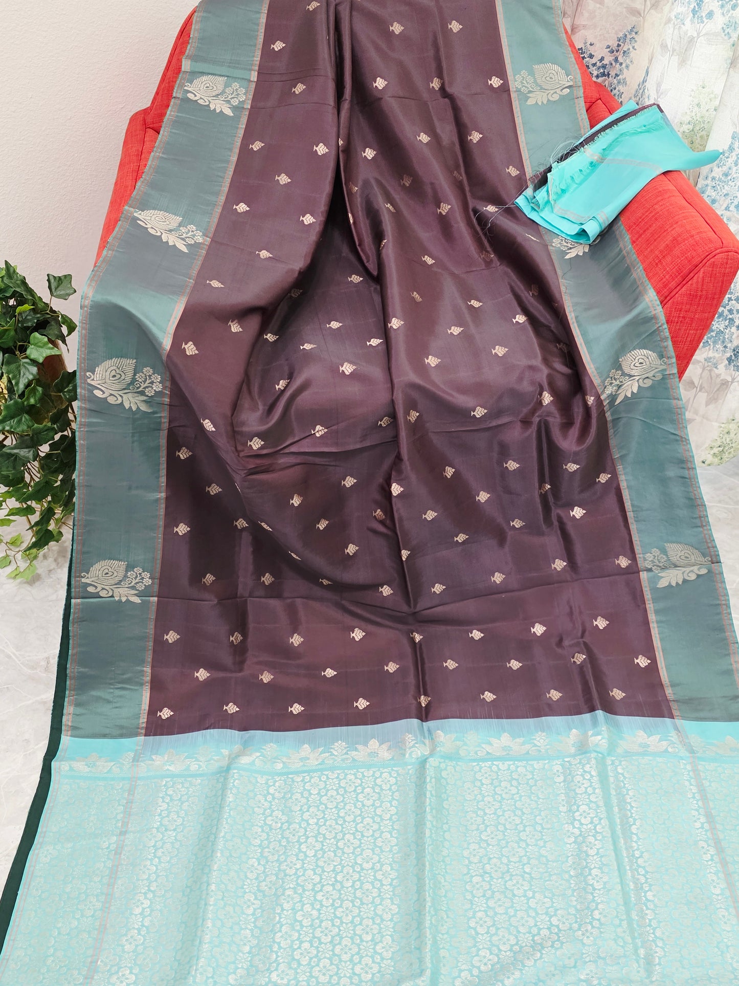 Espresso Cocoa Brown & Tiffany Aqua Peacock Zari Elegance – Semi Kanchi Fine Soft Silk Saree