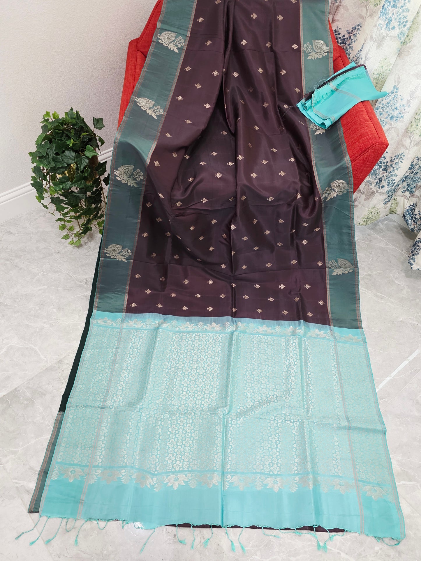 Espresso Cocoa Brown & Tiffany Aqua Peacock Zari Elegance – Semi Kanchi Fine Soft Silk Saree