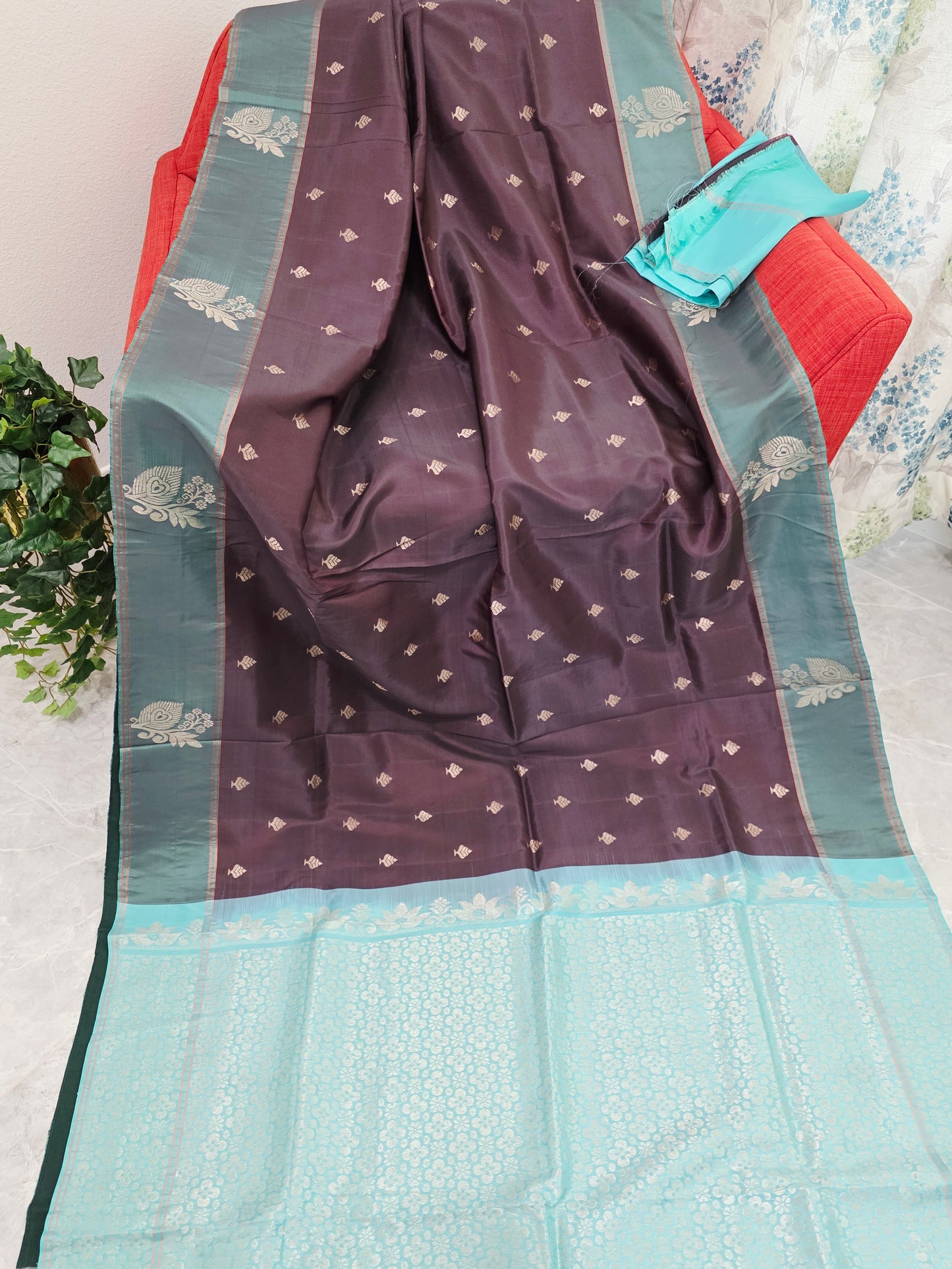 Espresso Cocoa Brown & Tiffany Aqua Peacock Zari Elegance – Semi Kanchi Fine Soft Silk Saree