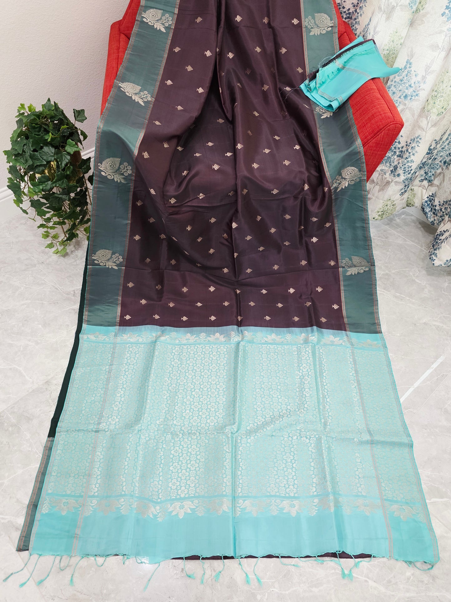 Espresso Cocoa Brown & Tiffany Aqua Peacock Zari Elegance – Semi Kanchi Fine Soft Silk Saree