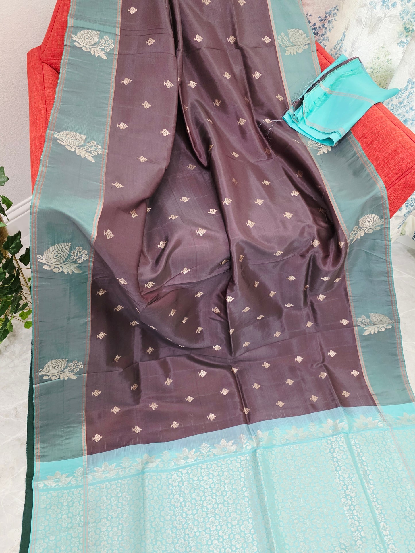 Espresso Cocoa Brown & Tiffany Aqua Peacock Zari Elegance – Semi Kanchi Fine Soft Silk Saree