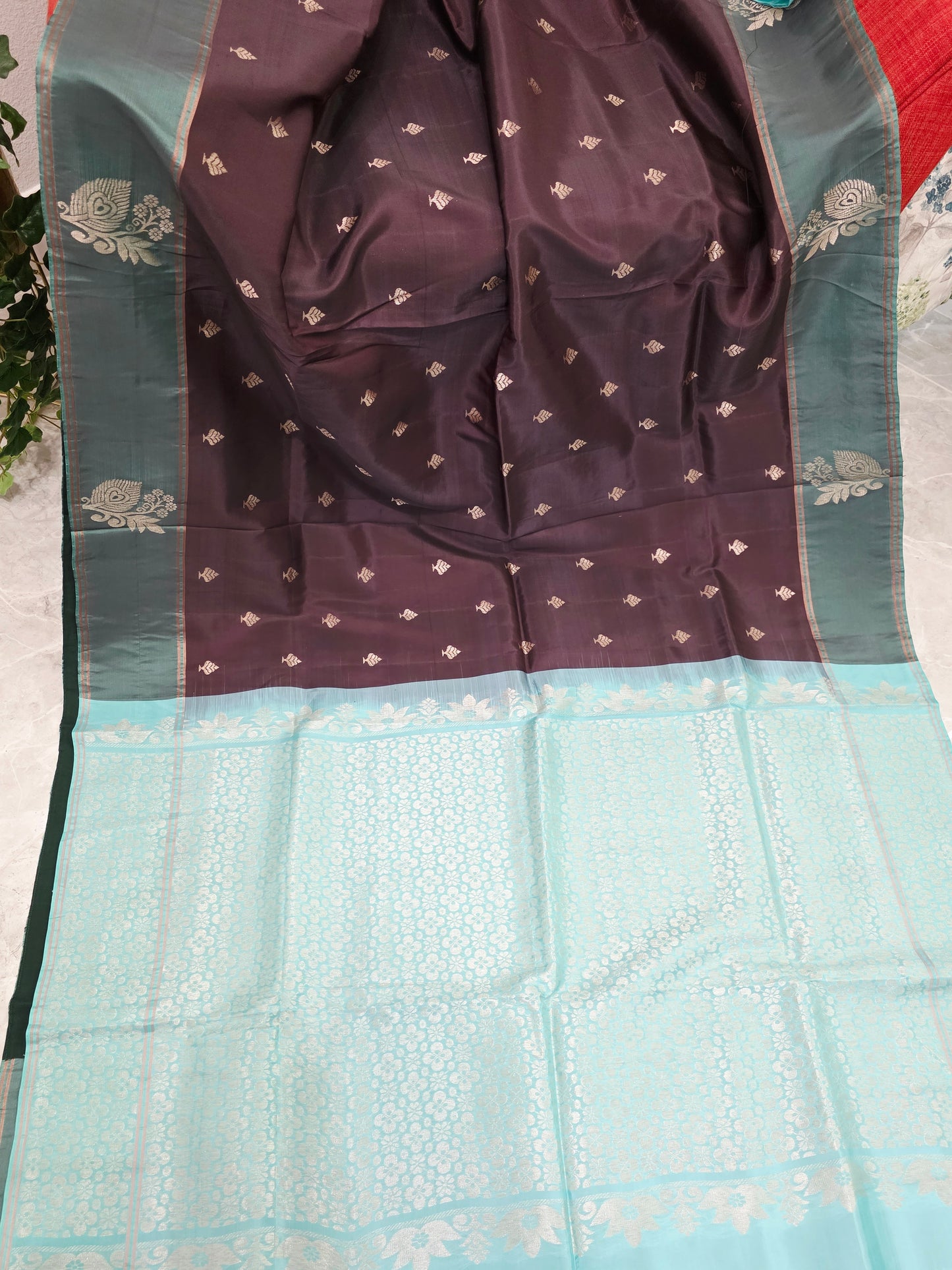 Espresso Cocoa Brown & Tiffany Aqua Peacock Zari Elegance – Semi Kanchi Fine Soft Silk Saree