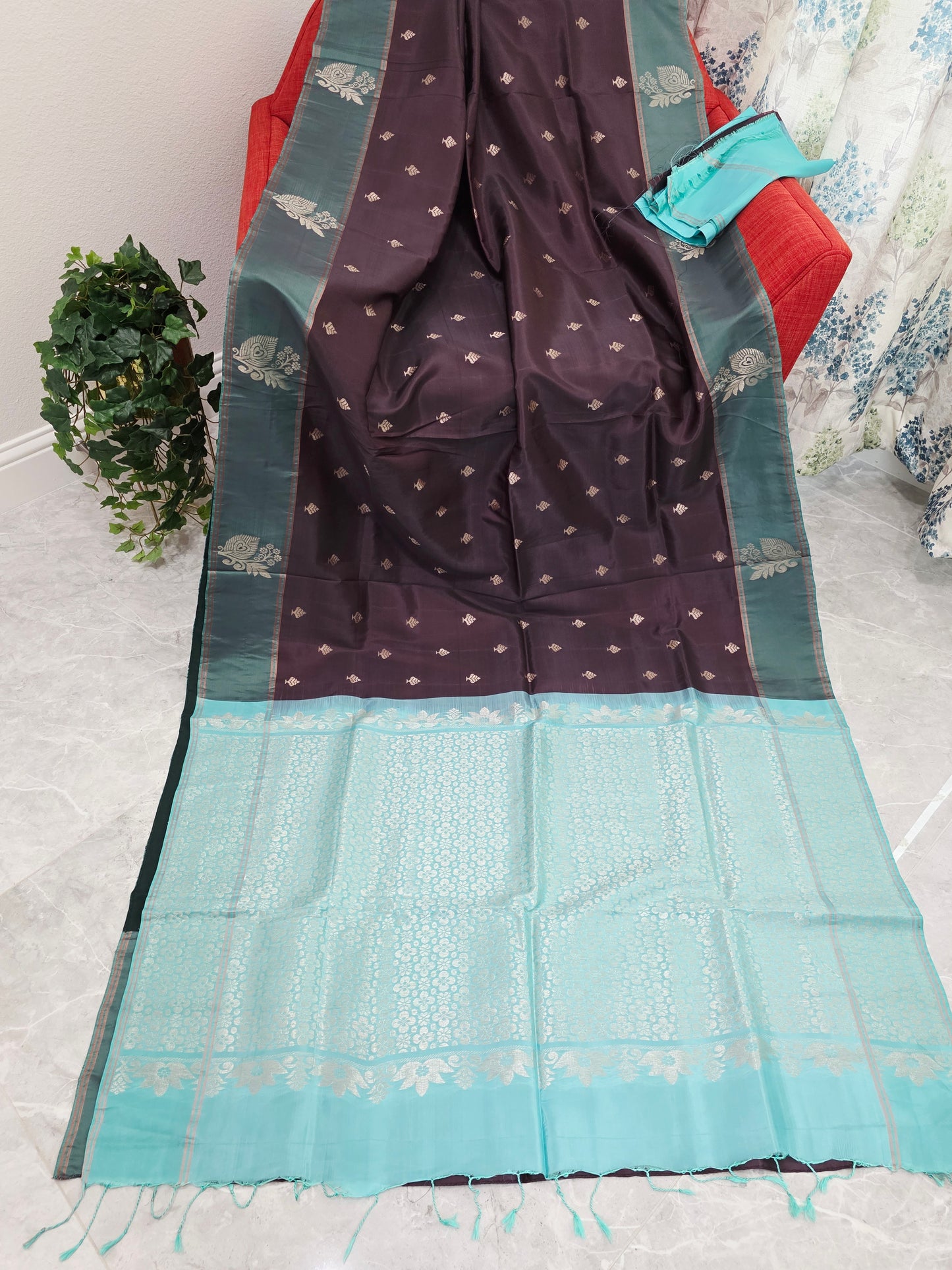 Espresso Cocoa Brown & Tiffany Aqua Peacock Zari Elegance – Semi Kanchi Fine Soft Silk Saree