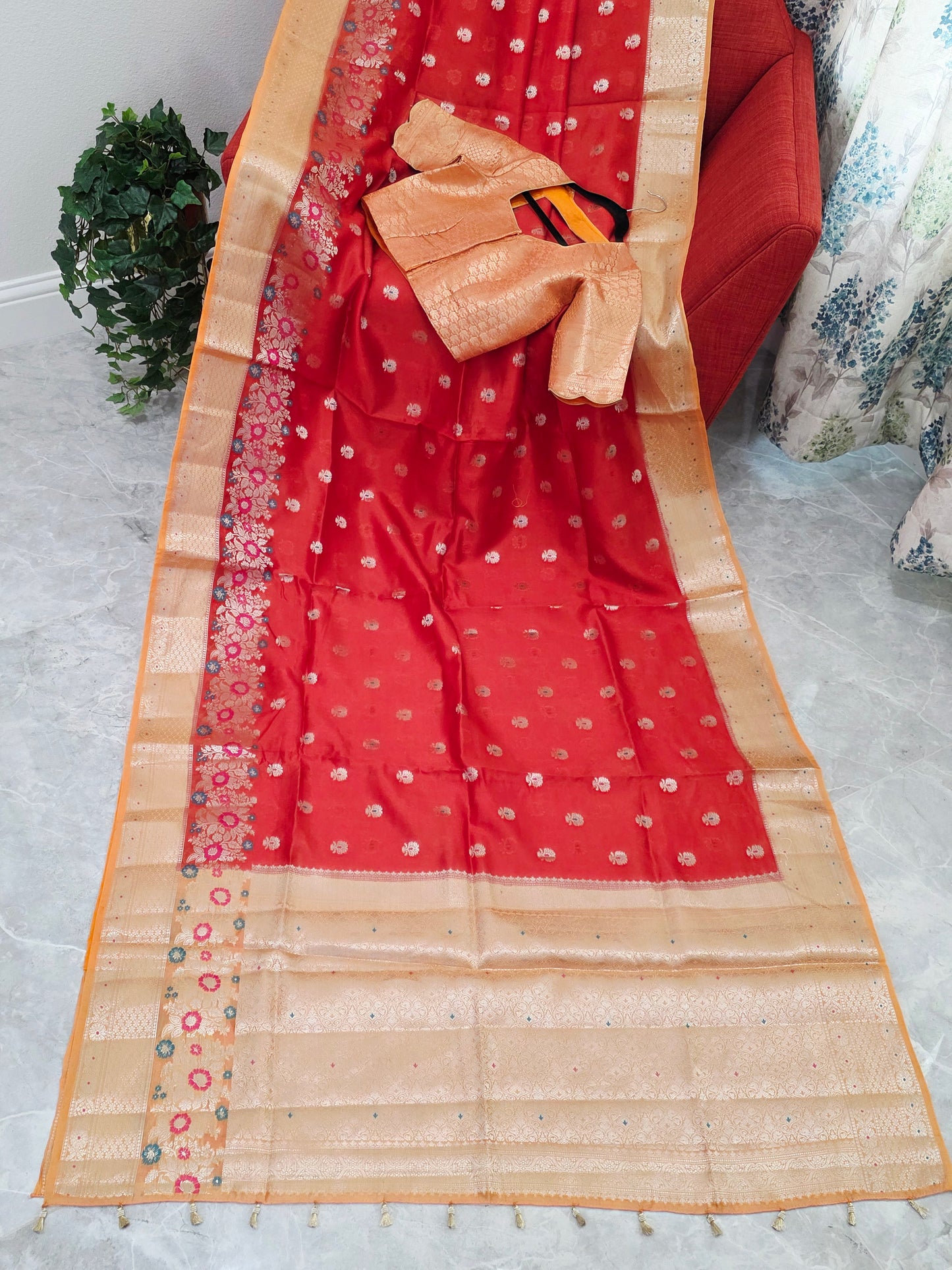 Royal Marigold Orange Semi mango Silk Saree with Blush Peach Zari Border & Brocade Blouse