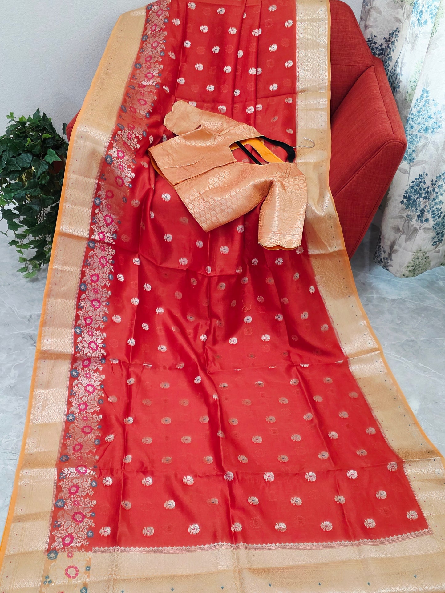 Royal Marigold Orange Semi mango Silk Saree with Blush Peach Zari Border & Brocade Blouse