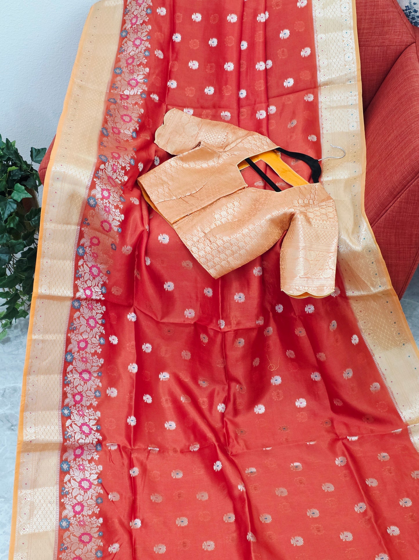 Royal Marigold Orange Semi mango Silk Saree with Blush Peach Zari Border & Brocade Blouse