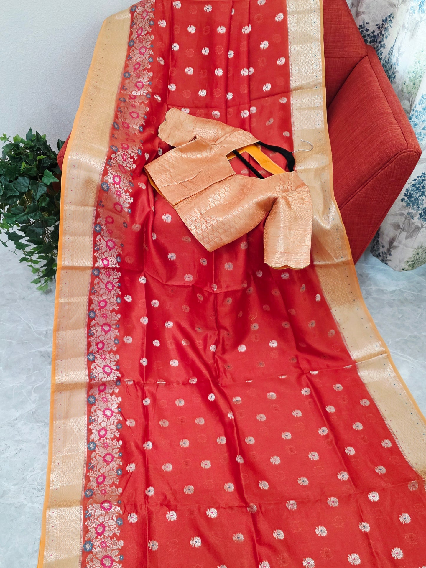 Royal Marigold Orange Semi mango Silk Saree with Blush Peach Zari Border & Brocade Blouse