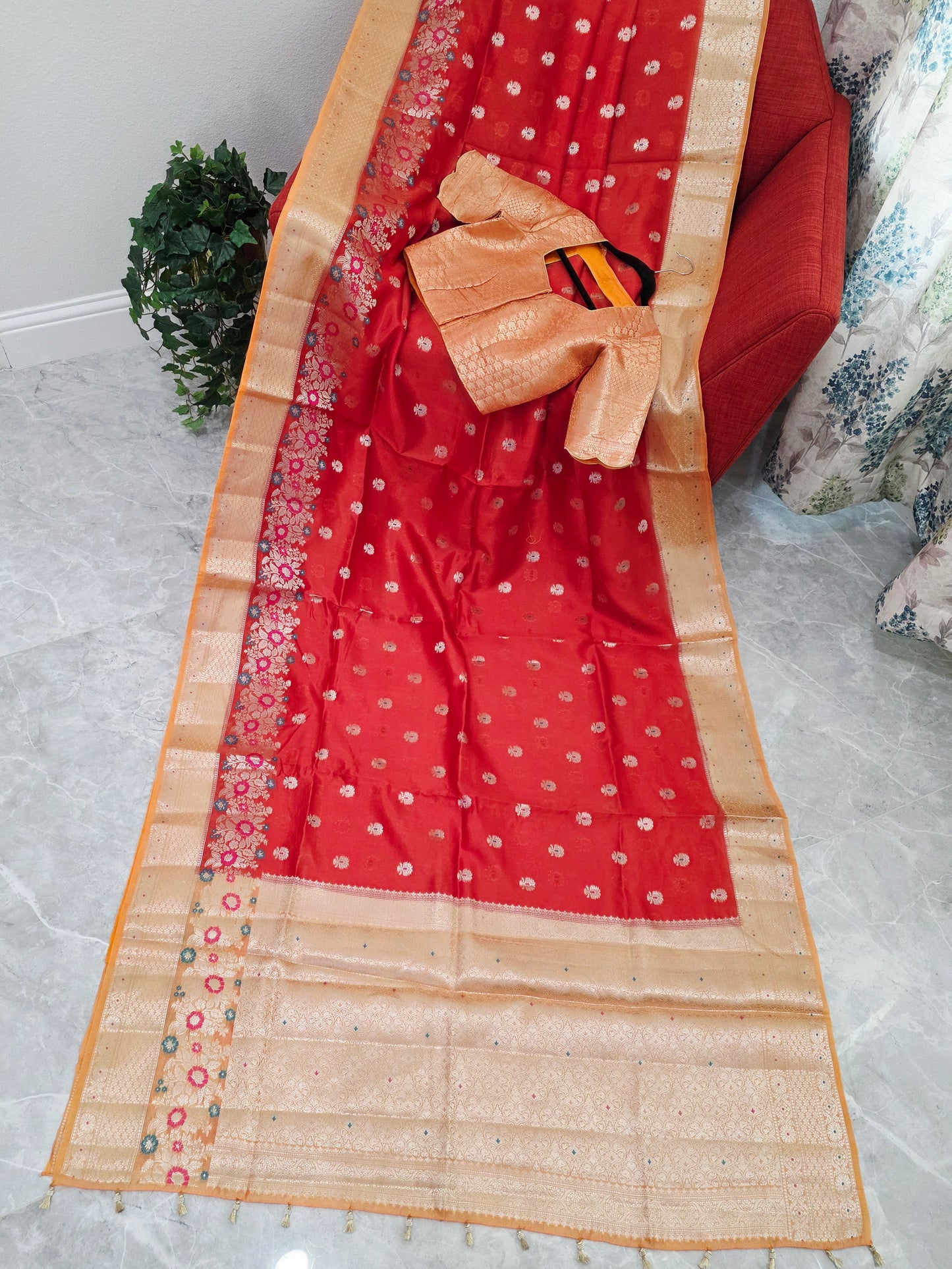 Royal Marigold Orange Semi mango Silk Saree with Blush Peach Zari Border & Brocade Blouse