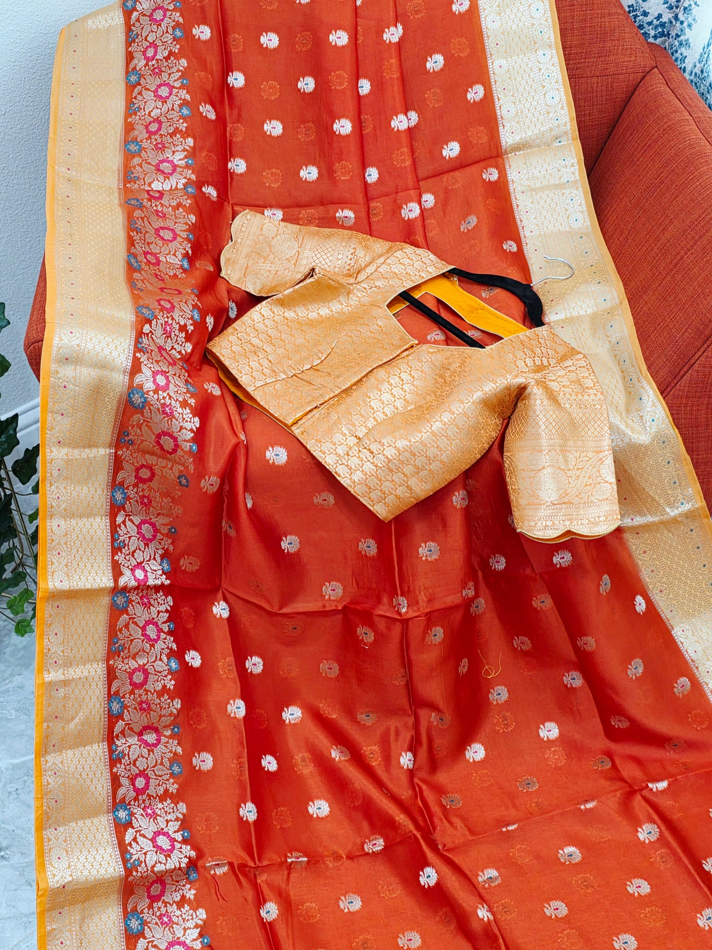 Royal Marigold Orange Semi mango Silk Saree with Blush Peach Zari Border & Brocade Blouse
