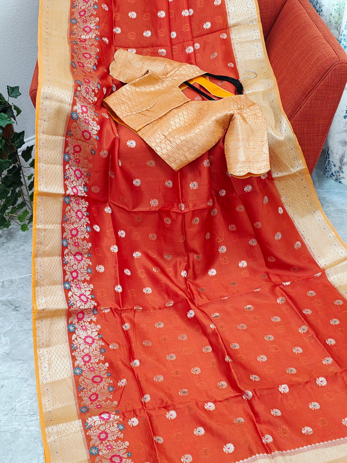 Royal Marigold Orange Semi mango Silk Saree with Blush Peach Zari Border & Brocade Blouse