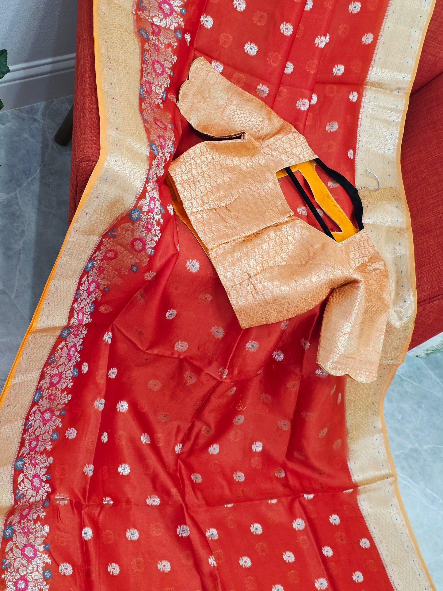Royal Marigold Orange Semi mango Silk Saree with Blush Peach Zari Border & Brocade Blouse
