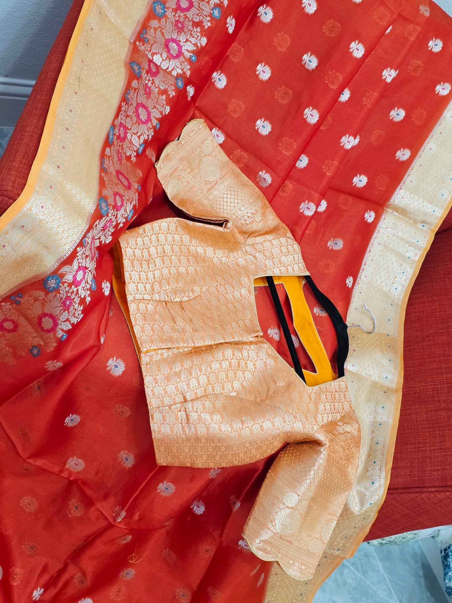 Royal Marigold Orange Semi mango Silk Saree with Blush Peach Zari Border & Brocade Blouse
