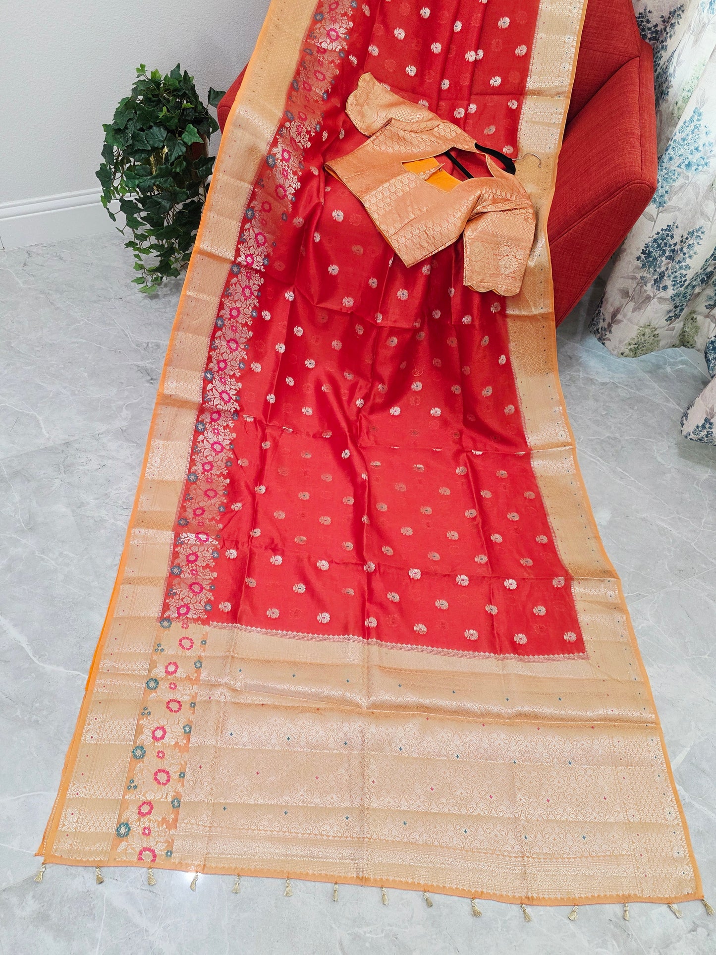 Royal Marigold Orange Semi mango Silk Saree with Blush Peach Zari Border & Brocade Blouse