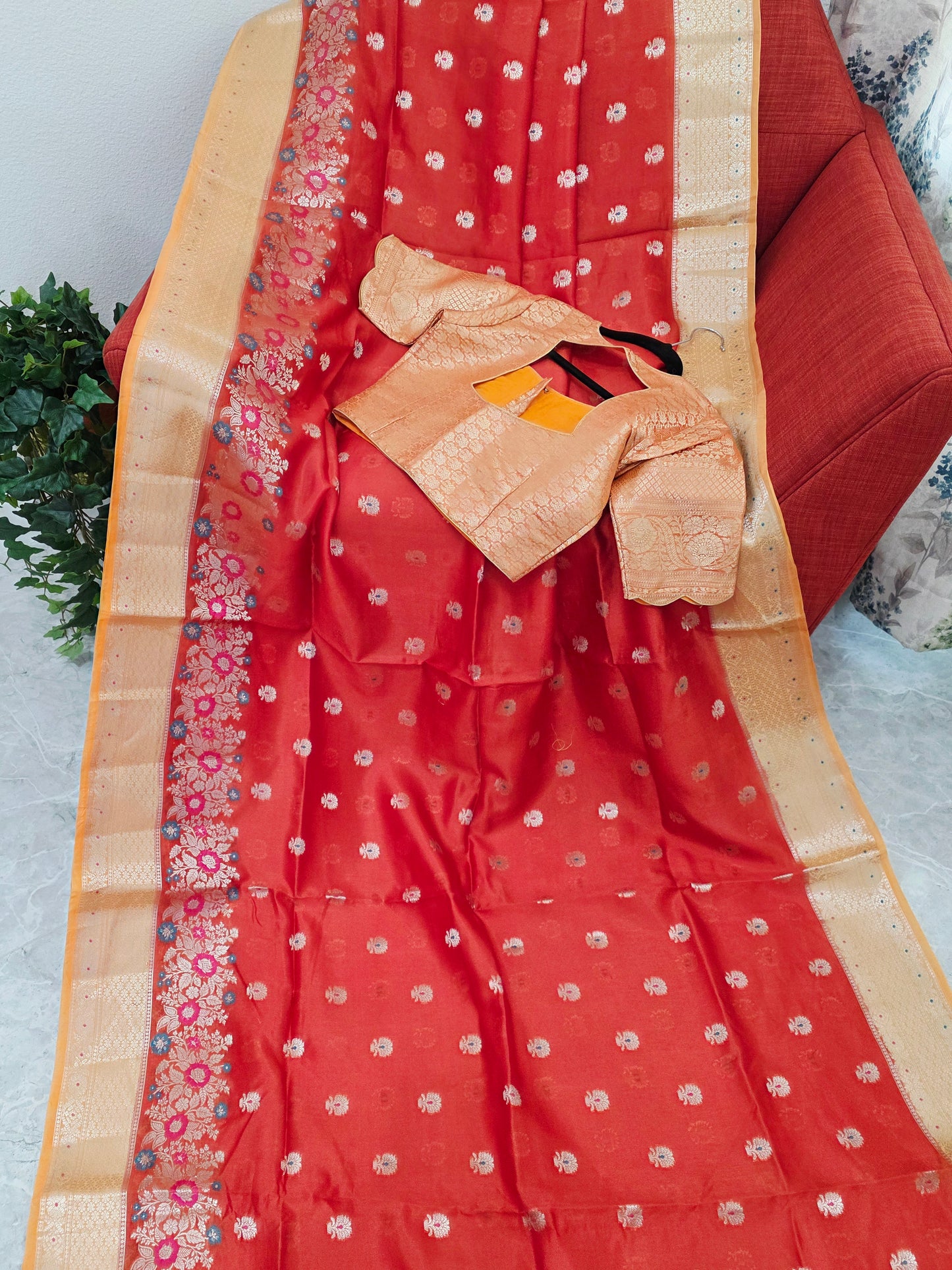 Royal Marigold Orange Semi mango Silk Saree with Blush Peach Zari Border & Brocade Blouse