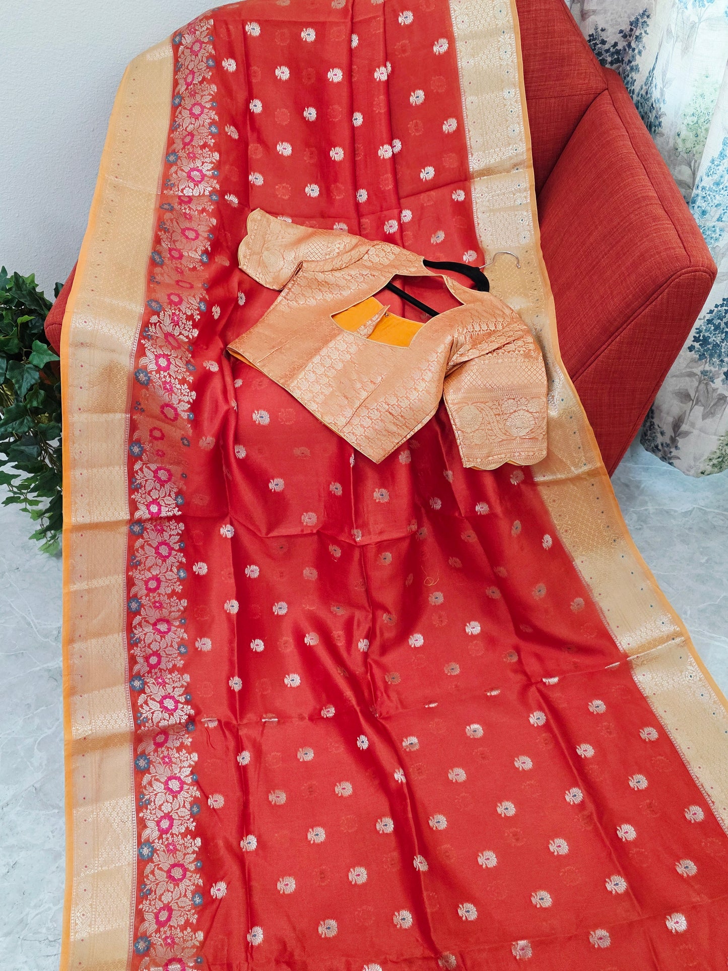 Royal Marigold Orange Semi mango Silk Saree with Blush Peach Zari Border & Brocade Blouse