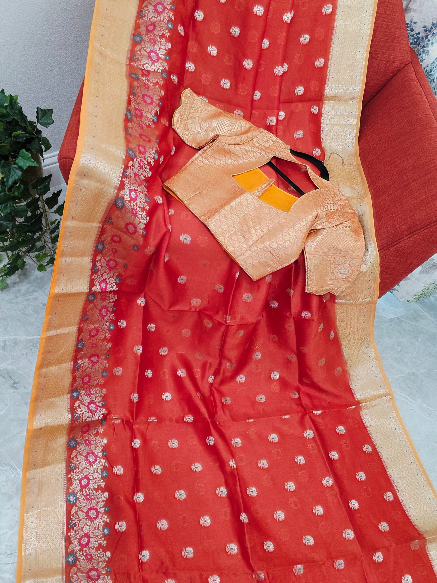 Royal Marigold Orange Semi mango Silk Saree with Blush Peach Zari Border & Brocade Blouse