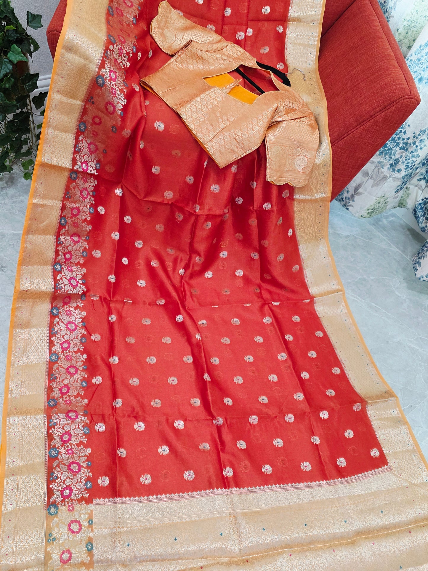 Royal Marigold Orange Semi mango Silk Saree with Blush Peach Zari Border & Brocade Blouse