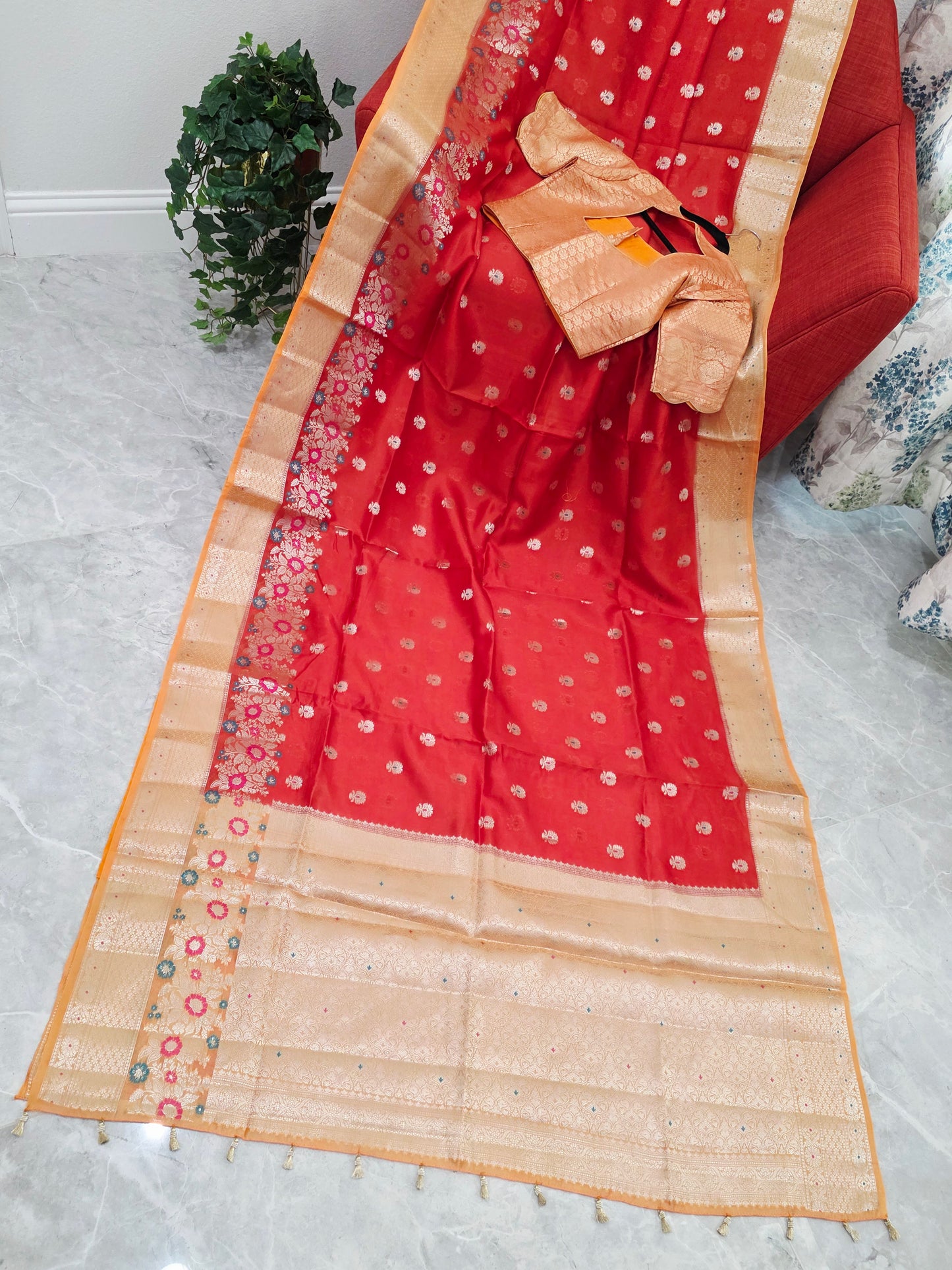 Royal Marigold Orange Semi mango Silk Saree with Blush Peach Zari Border & Brocade Blouse