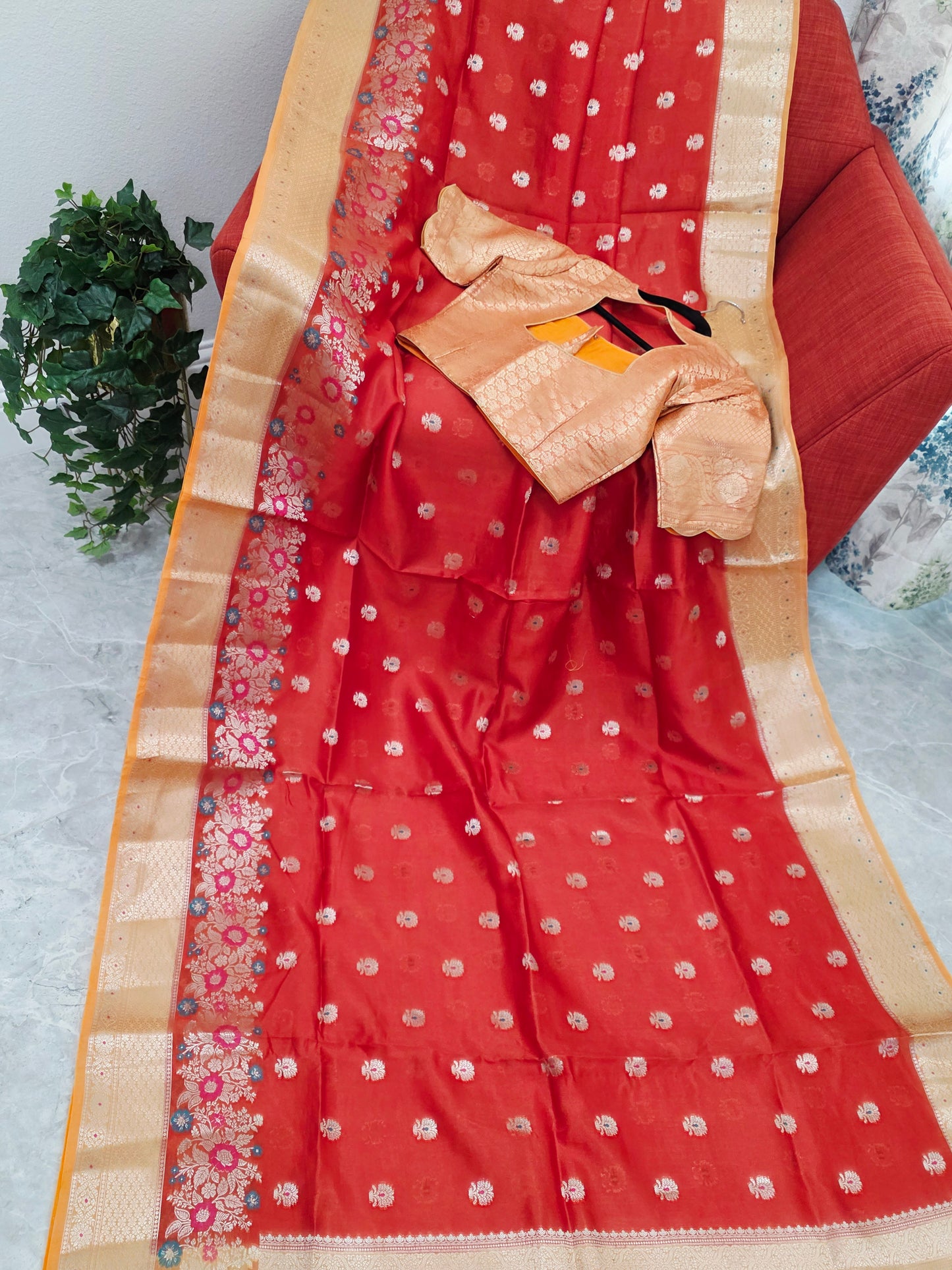 Royal Marigold Orange Semi mango Silk Saree with Blush Peach Zari Border & Brocade Blouse