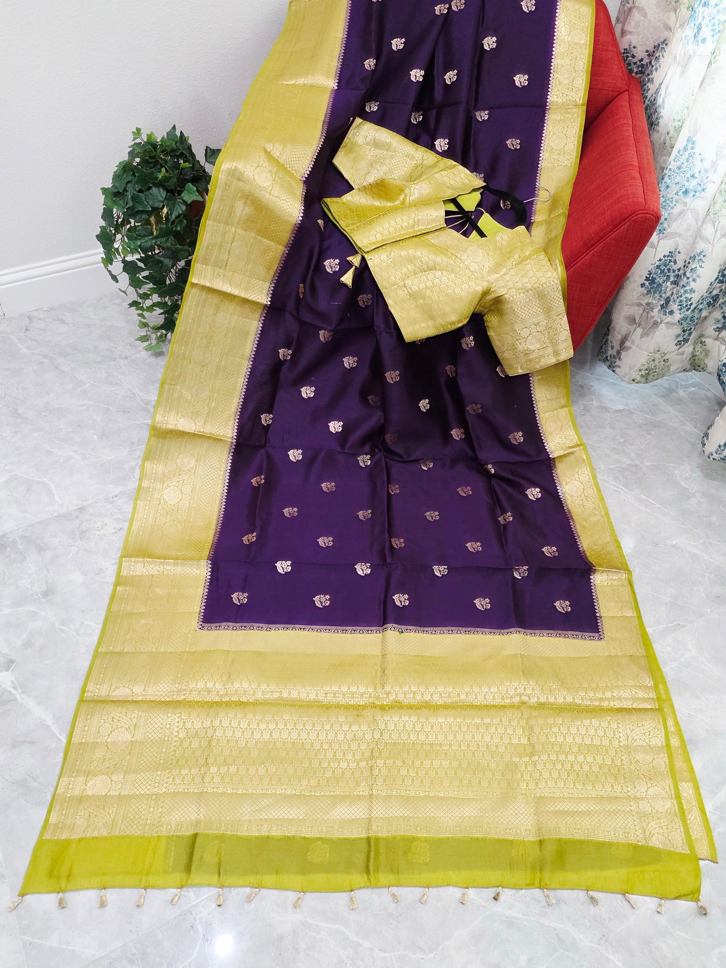 Royal Deep Purple Semi mango Silk Saree with Antique Gold Zari Border & Stitched Blouse