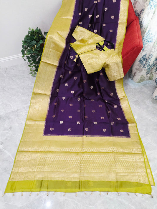 Royal Deep Purple Semi Rawmango Silk Saree with Antique Gold Zari Border & Stitched Blouse
